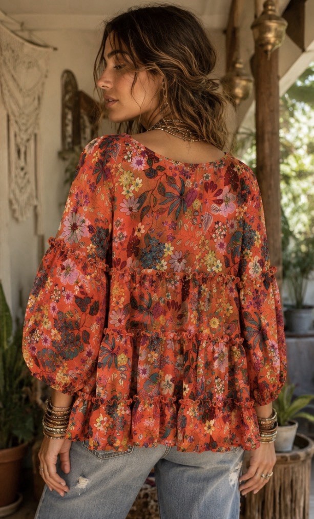 Easel Colorful Floral Multi Layer Top, L