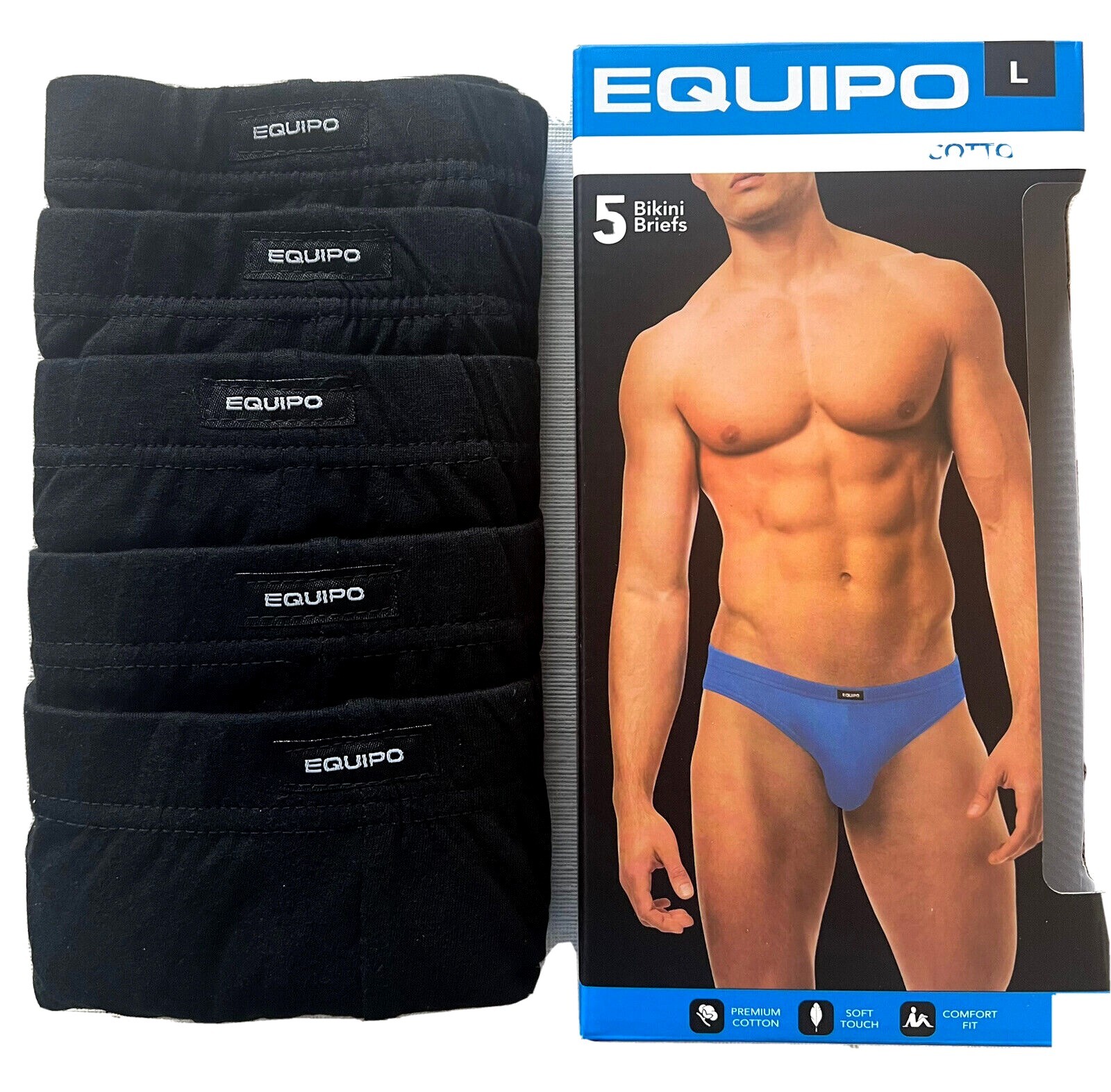 Men’s Equipo 5-Pack Bikini Briefs (Black Color) No Fly Premium Cotton Underwear