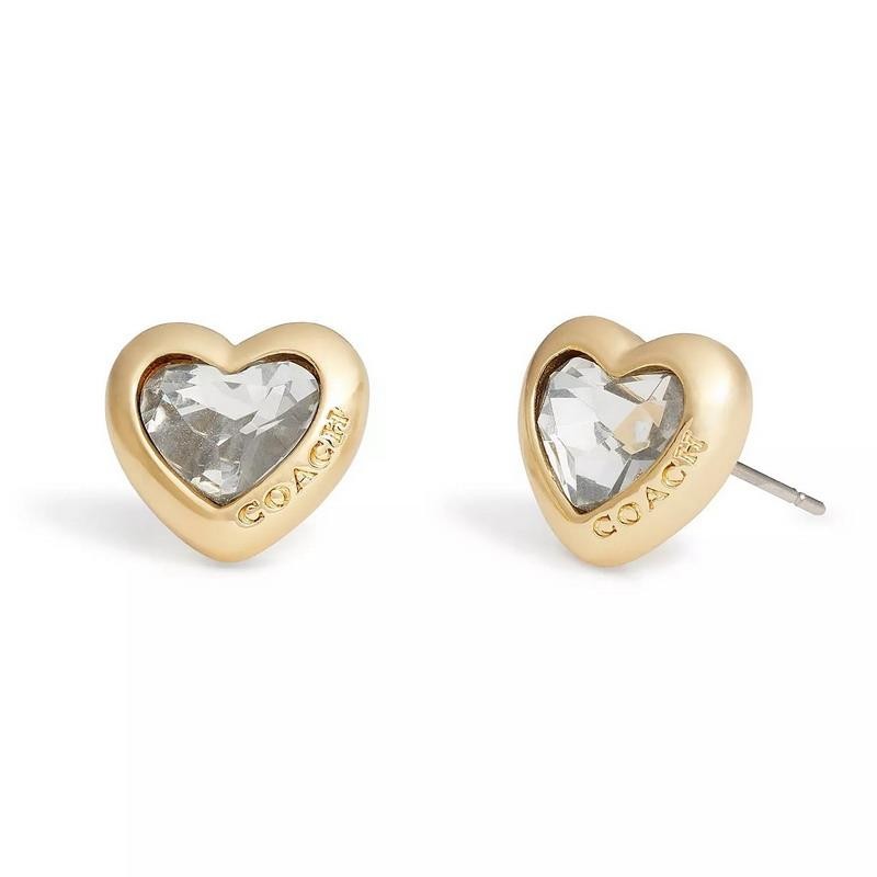 NWT Coach Stone Heart Stud Earrings Clear Gold Tone