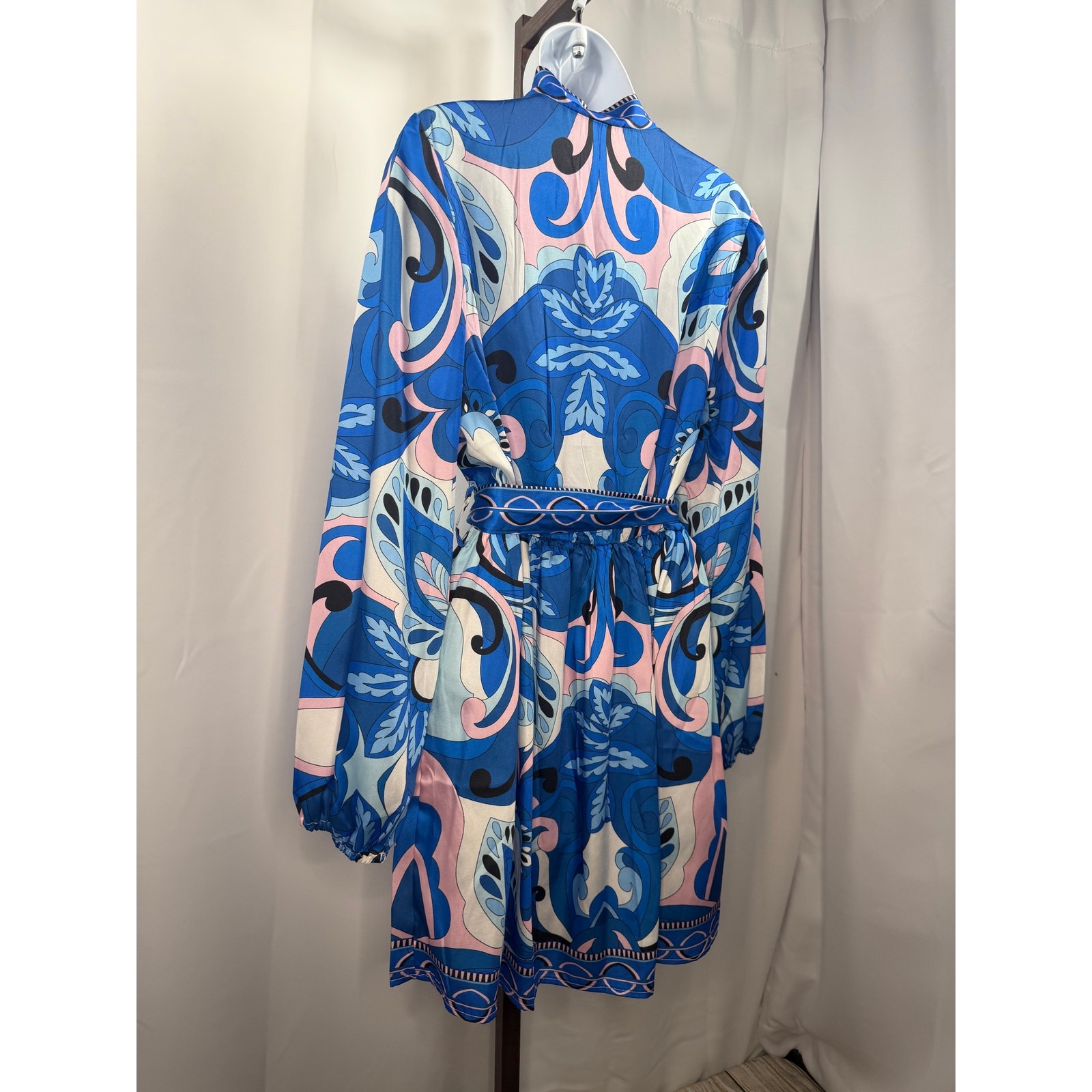 Blue & Pink Paisley Print Tie Waist Mini Dress | Medium