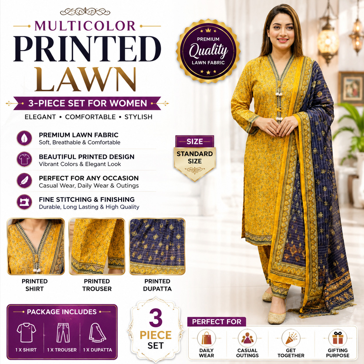 Multicolor Printed Lawn 3Pcs Stitched Suit for Pakistani Indian Women