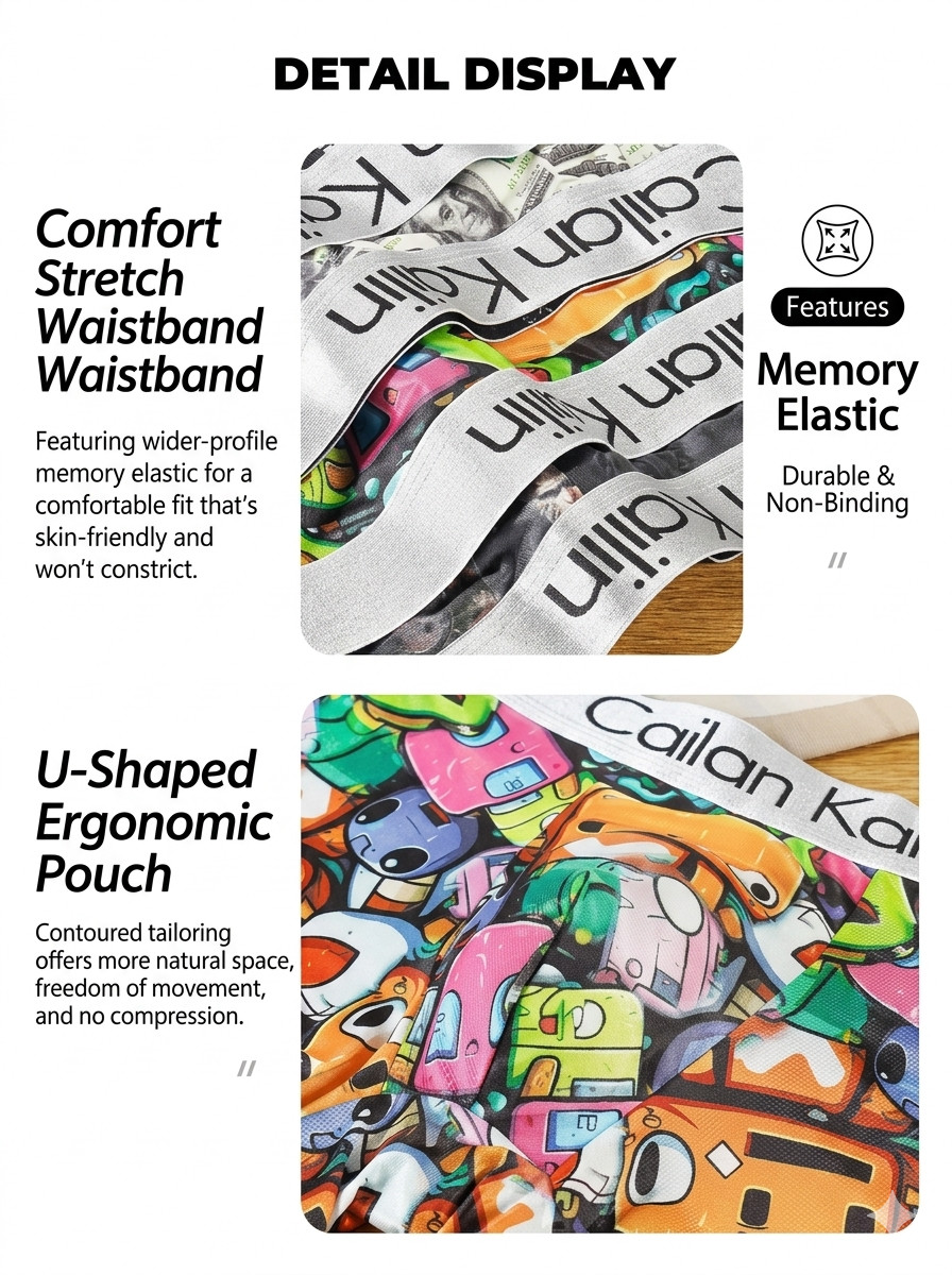 5-Pack Men’s Ice Silk Boxer Briefs Funny Novelty Printed Underwear Breathable