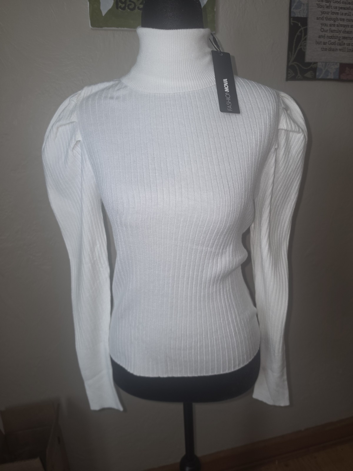 Fashion Nova Ivory Rib-Knit Turtleneck Puffer Long Sleeve Sweater Women’s L