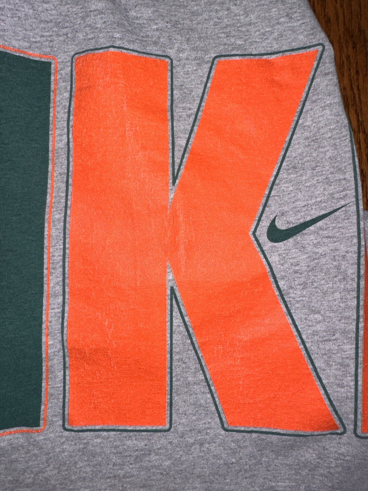 Vtg 90s Nike Spell Out Big Wrap Graphic T Shirt Made USA Gray Green Orange XL