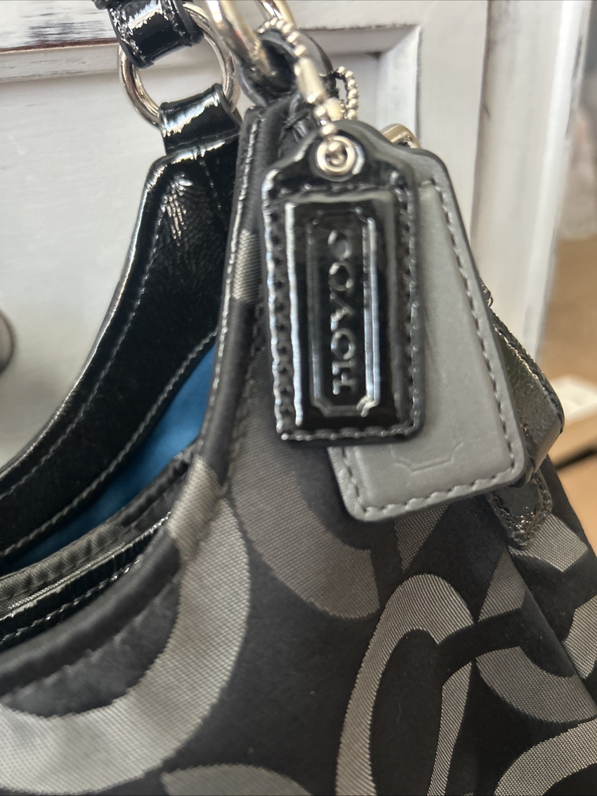 COACH C1276-20244 Madison Tote Black Patent Leather Canvas Blue Sateen Interior
