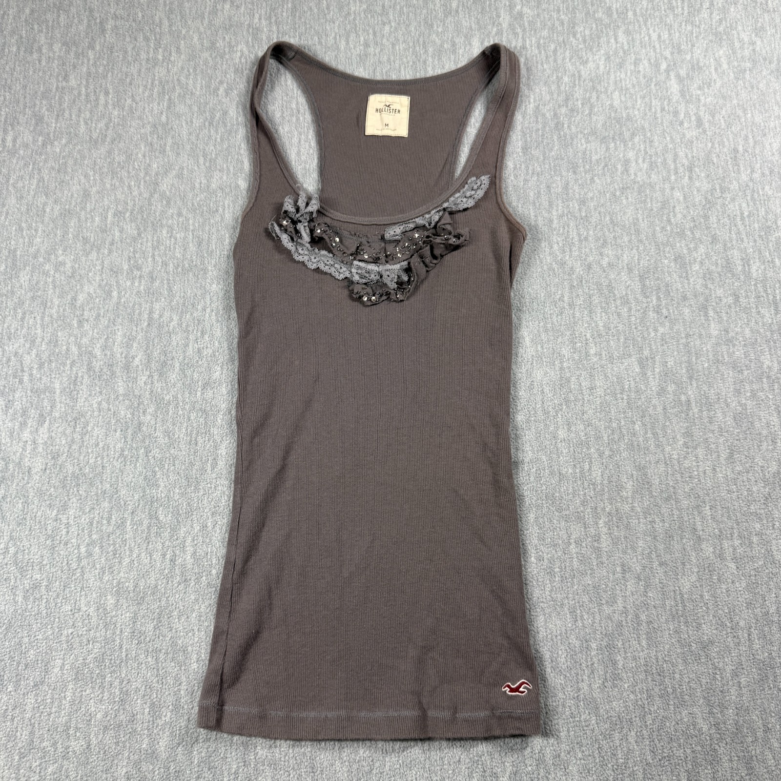 Hollister Tank Top Womens M Brown Lace Ruffle Ribbon Trim Ribbed Cami Cotton