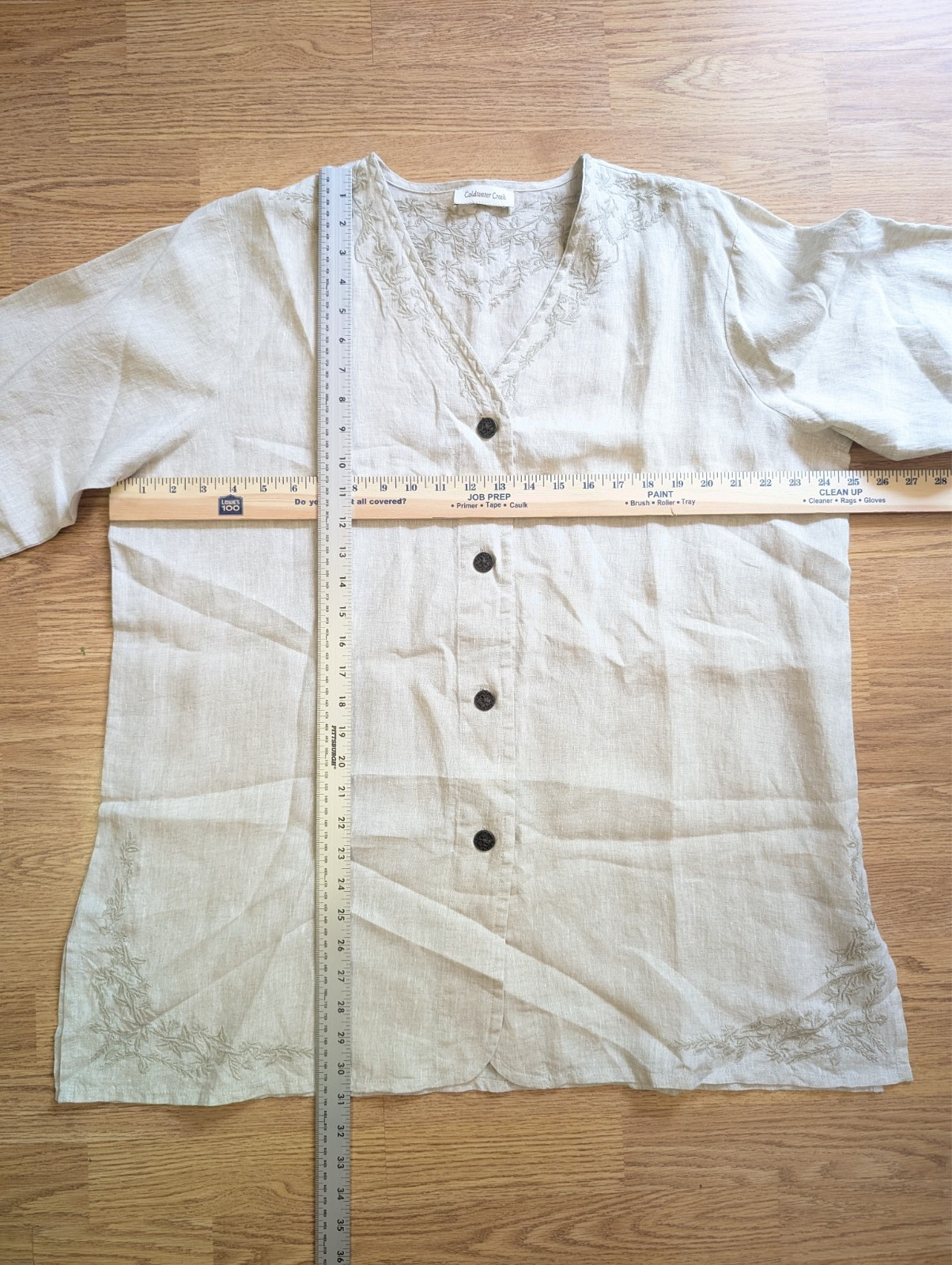 Coldwater Creek Linen Boho Top Beige Button Up w Slit 3/4 Sleeve Embroidered XXL