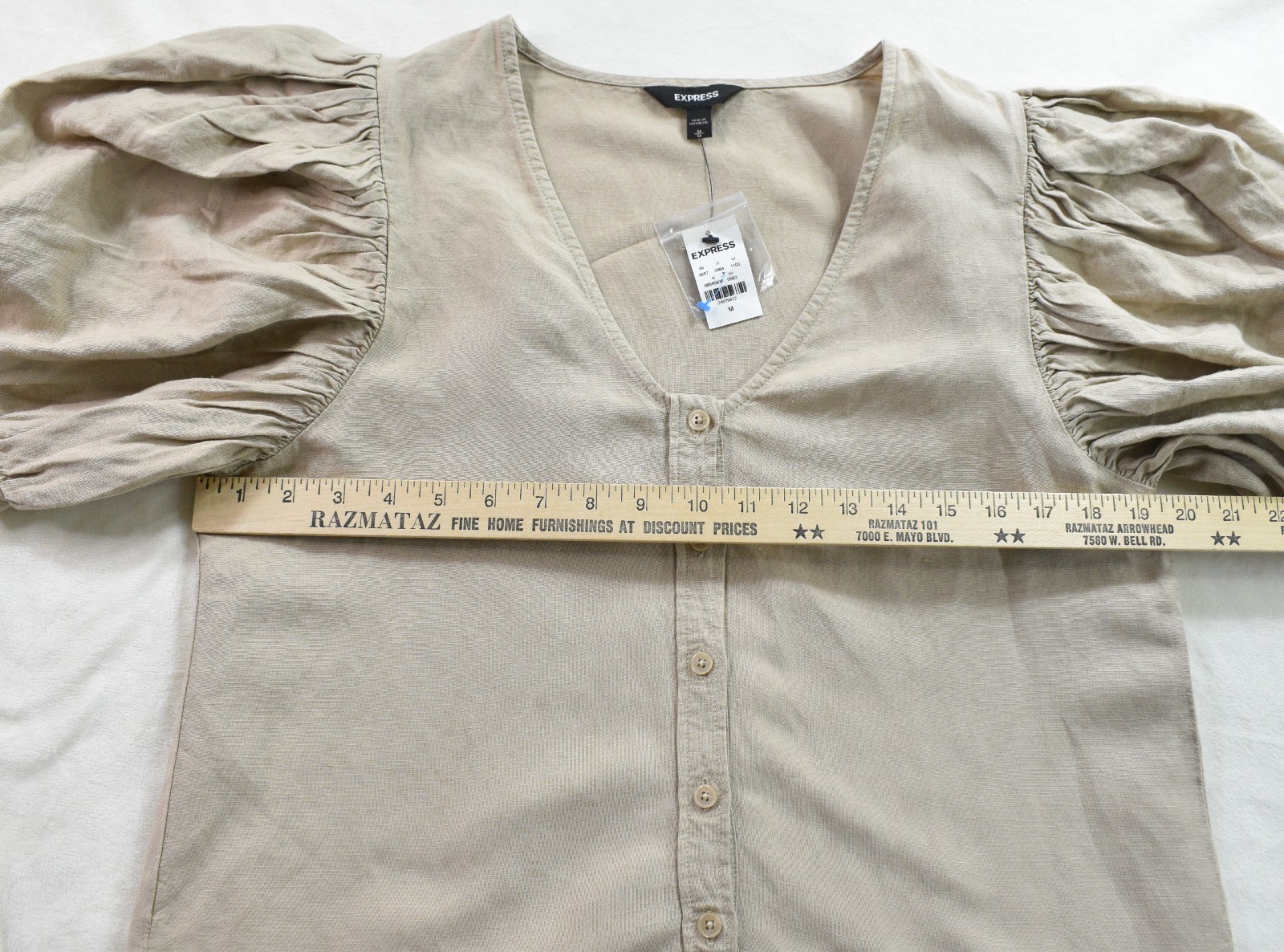 New Express Blouse Tan Linen Balloon Sleeve Shirt V Neck Button Top Boho Women M
