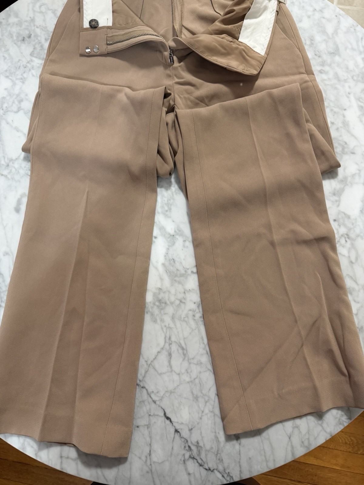 Babaton Women’s Beige Solid Flat Front Dress Pants Zip Button Closure