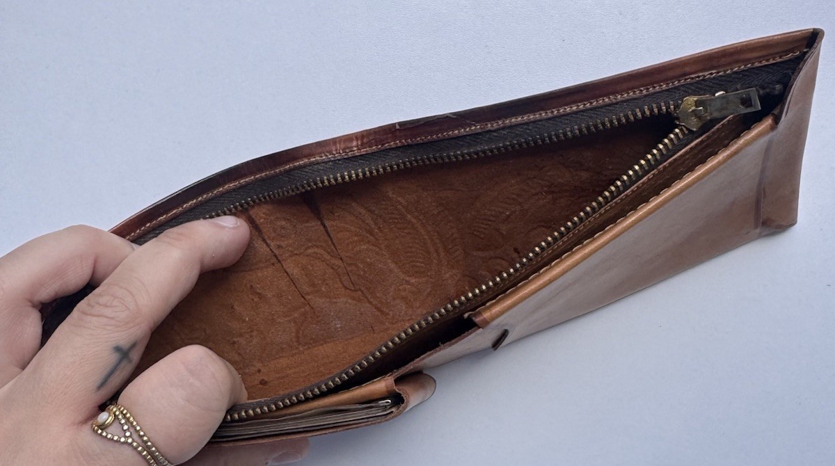 Brown Tooled Folding Wallet with Zip Compartment Snap & Slots