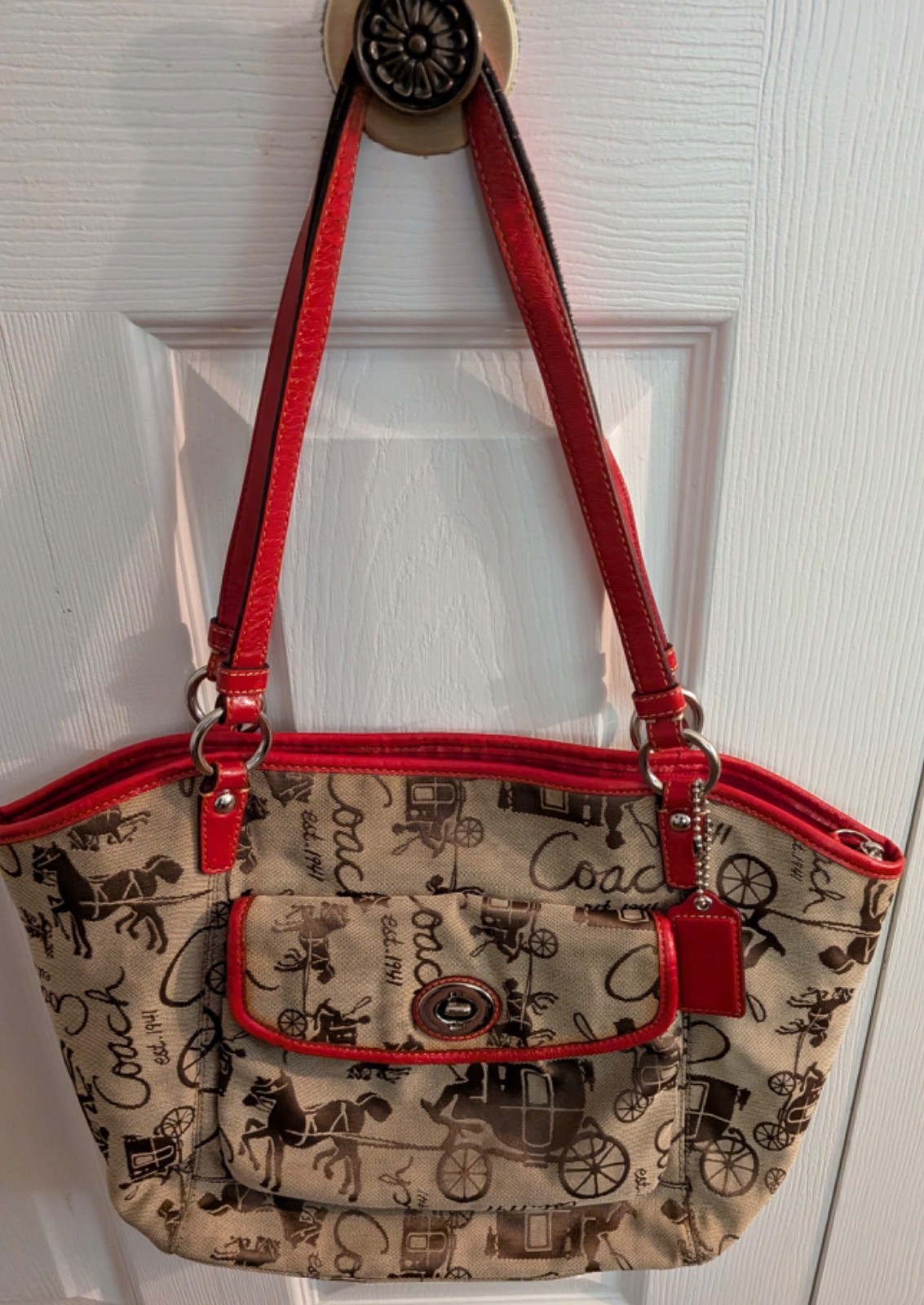 Coach Large Horse & Carriage Red Shoulder Handbag Leah L0926-F14665