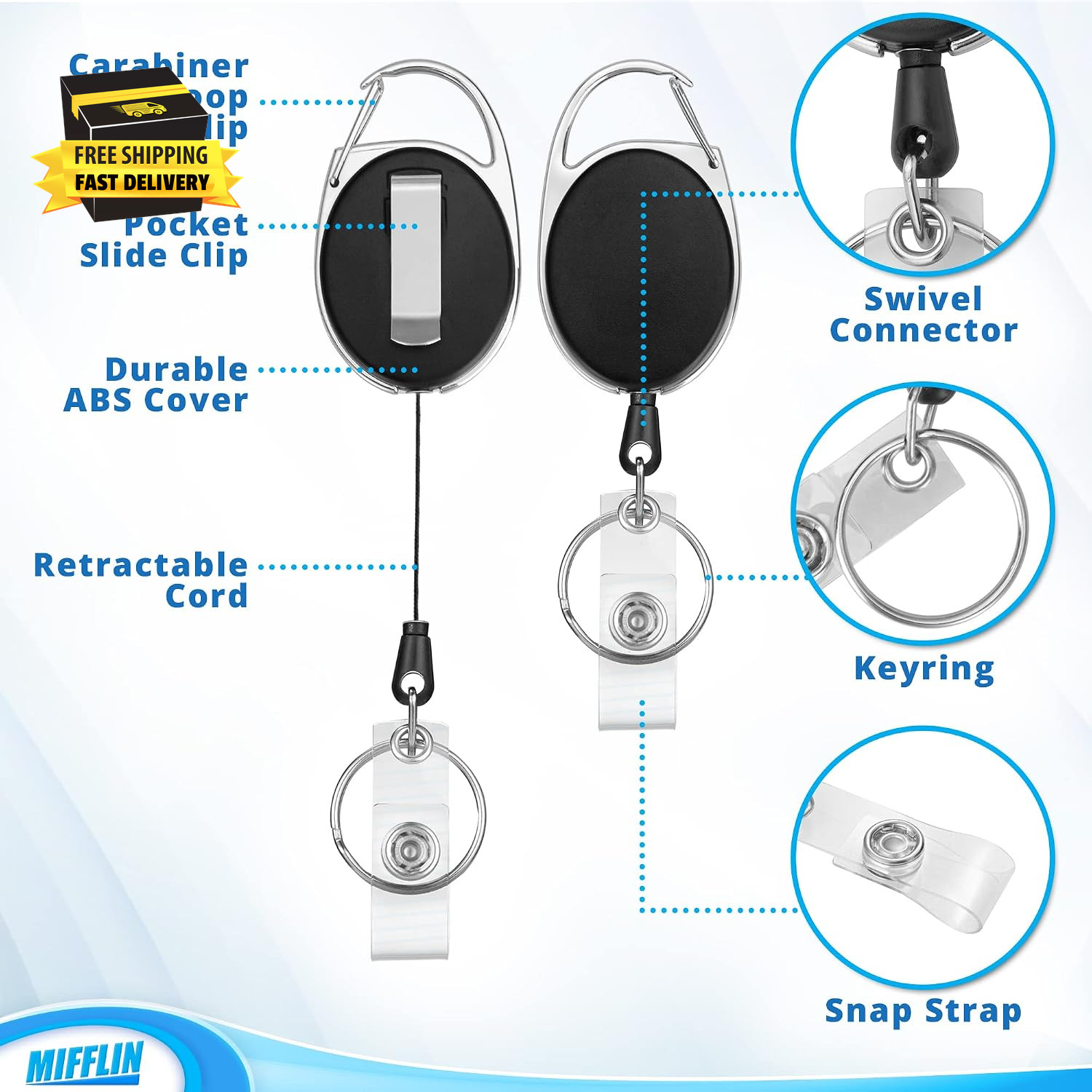 -Usa – Retractable Badge Reels – 4.3X1.3 Inch, 20 Pack – Heavy Duty Black Bulk R