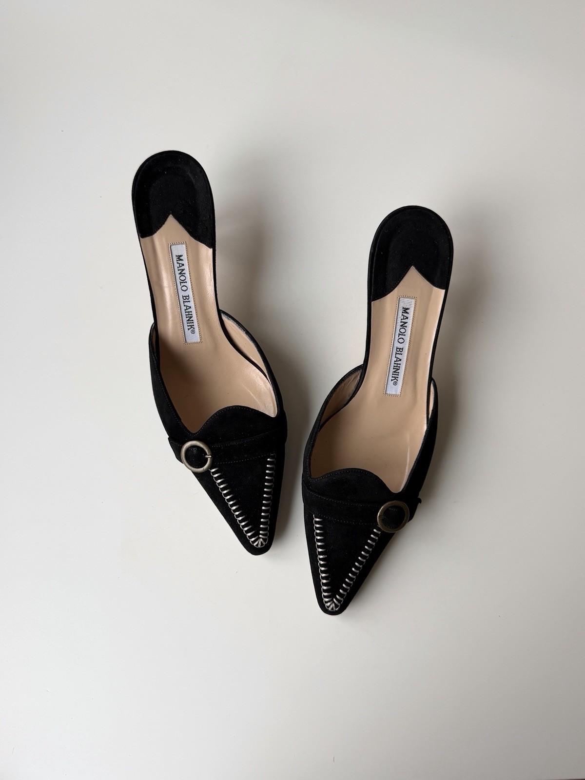 Manolo Blahnik vintage black suede mules, IT 38, ~ US 7.5-8, kitten heel: 2”