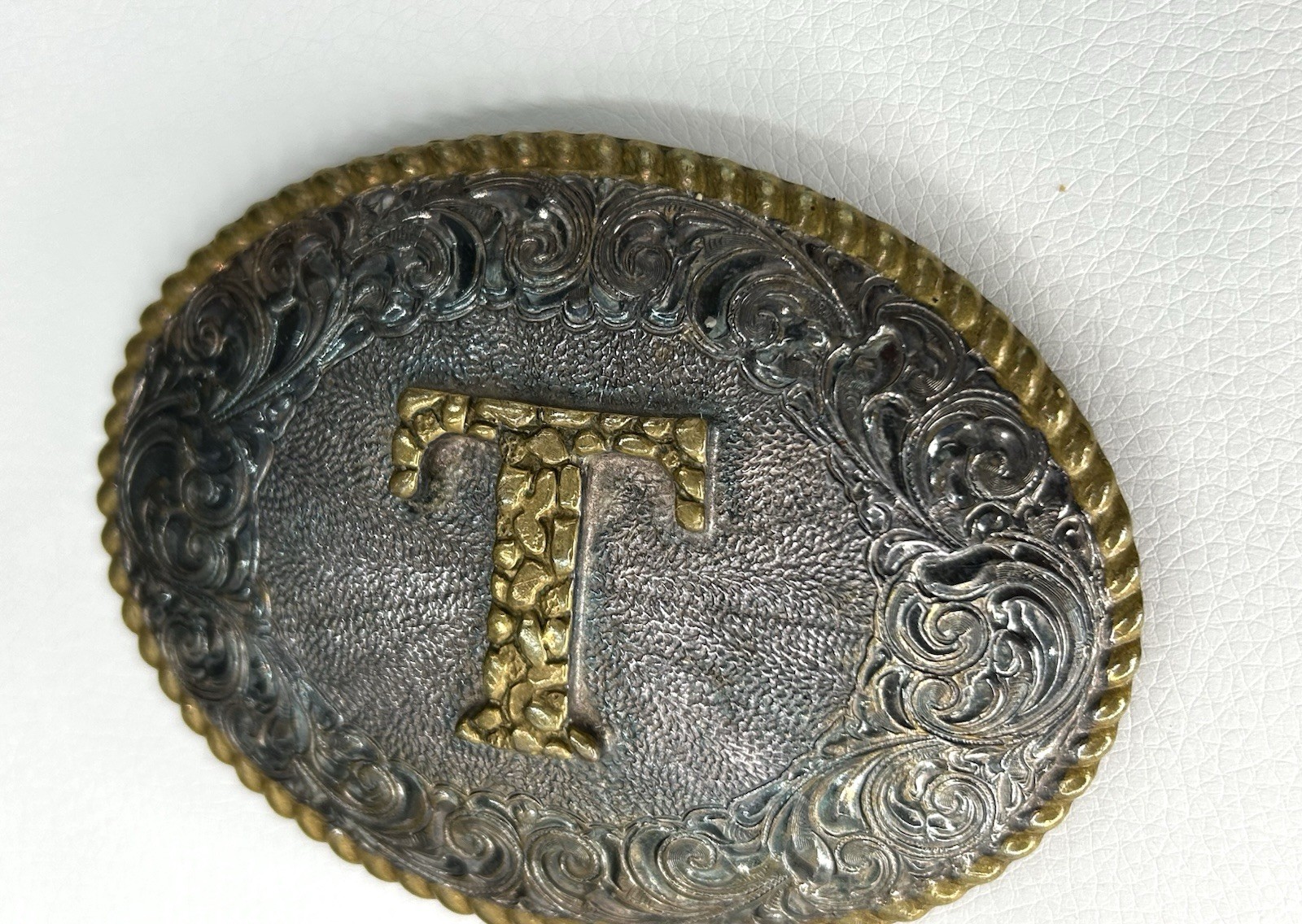 CRUMRINE “T” Initial Letter Monogram Vintage Silver Western Belt Buckle