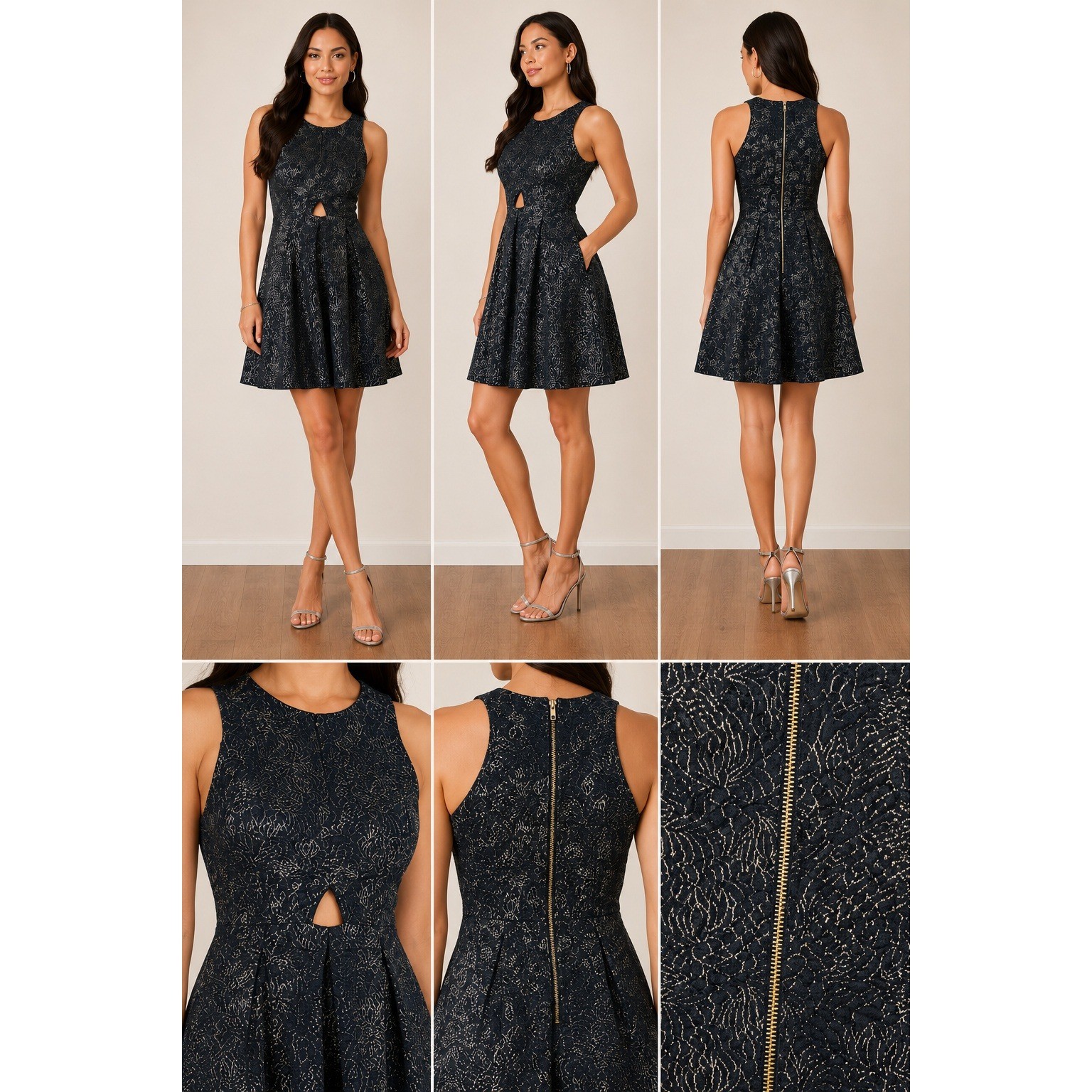 Xhilaration Navy Silver Metallic Jacquard Cutout Fit & Flare Mini Dress Medium