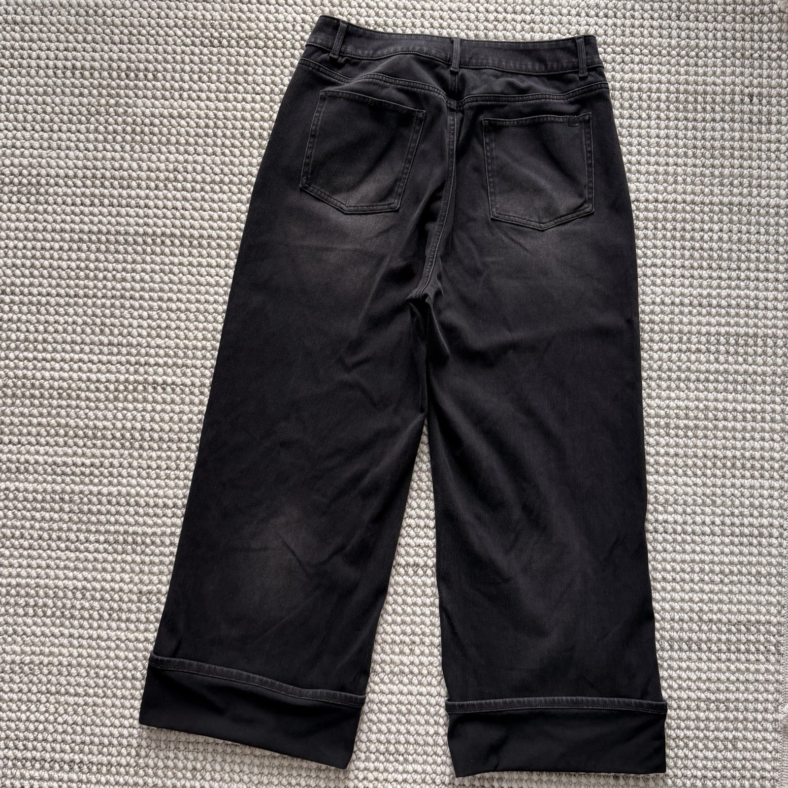 Halara Flex High Waisted Pockets Rolled Hem Wide Leg Black Washed Jeans Large