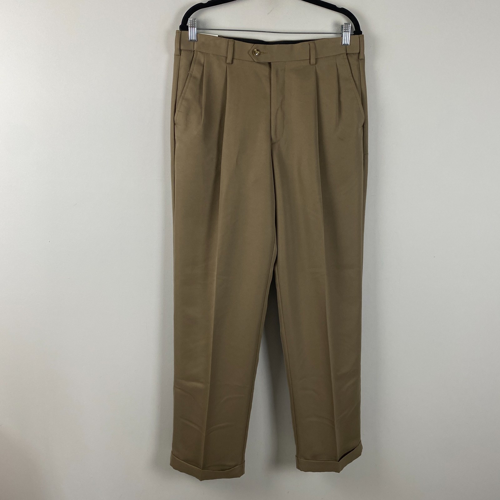 Savane Pleated Cuffed No Iron Performance Pants Size 34×32 Khaki Comfort Waist