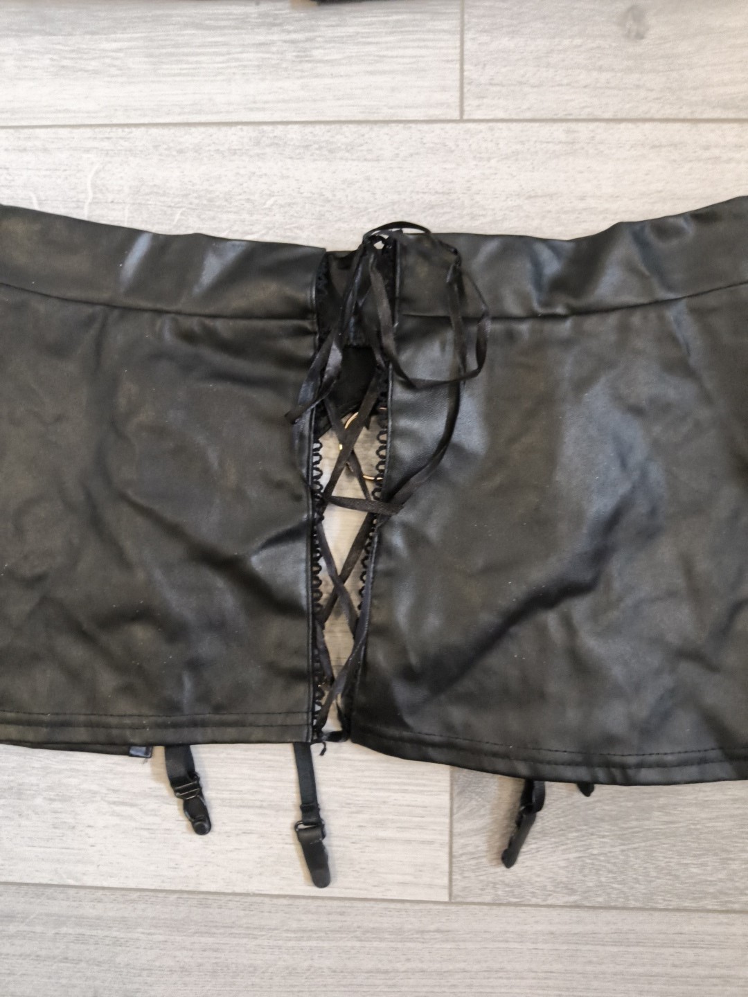 BNWOT Black PVC & Sheer Mesh Tassel Suspender Skirt & Bra Top Set Size 10-14