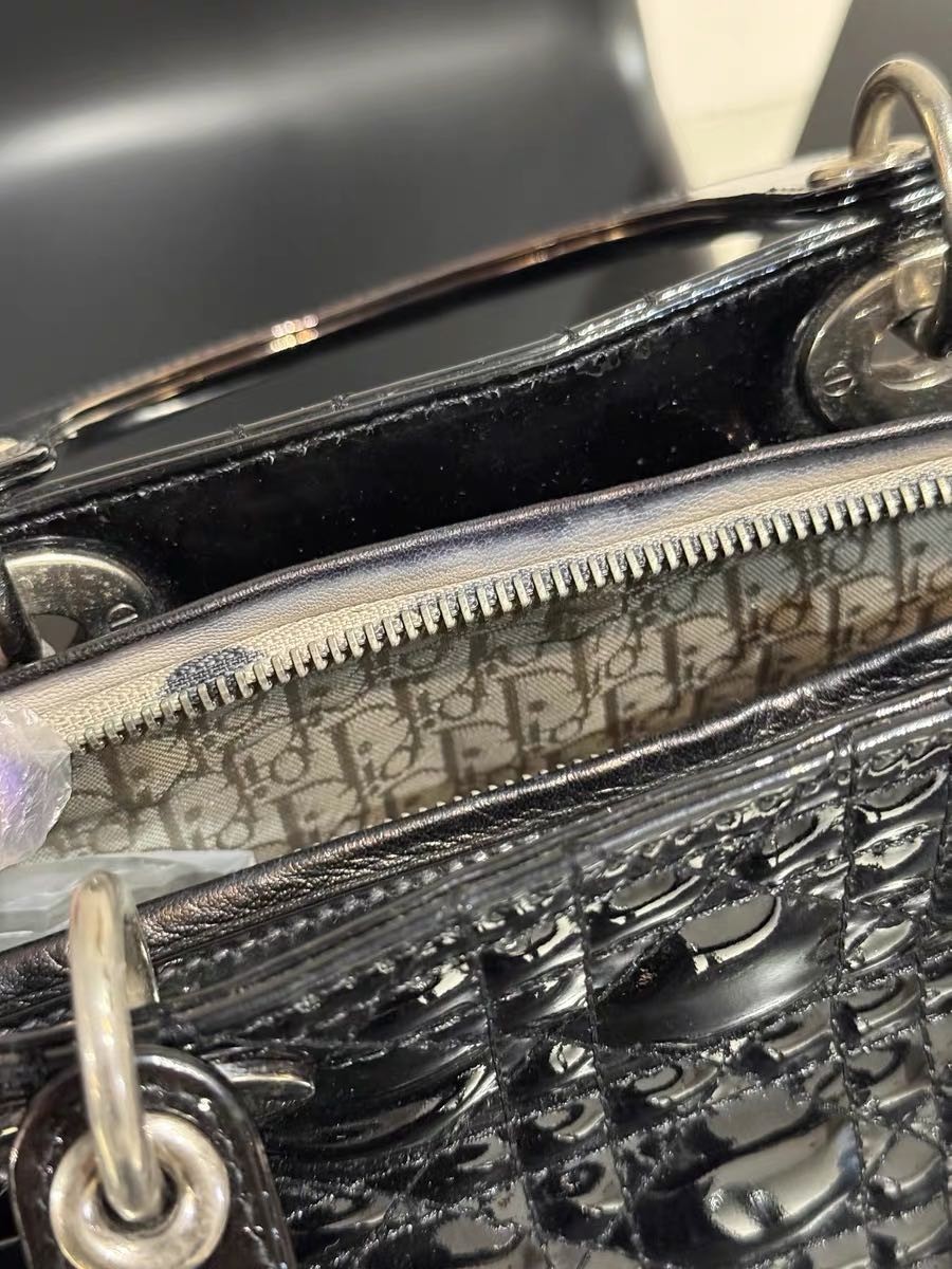 Authentic Christian Dior Black Patent Leather Lady Dior Bag