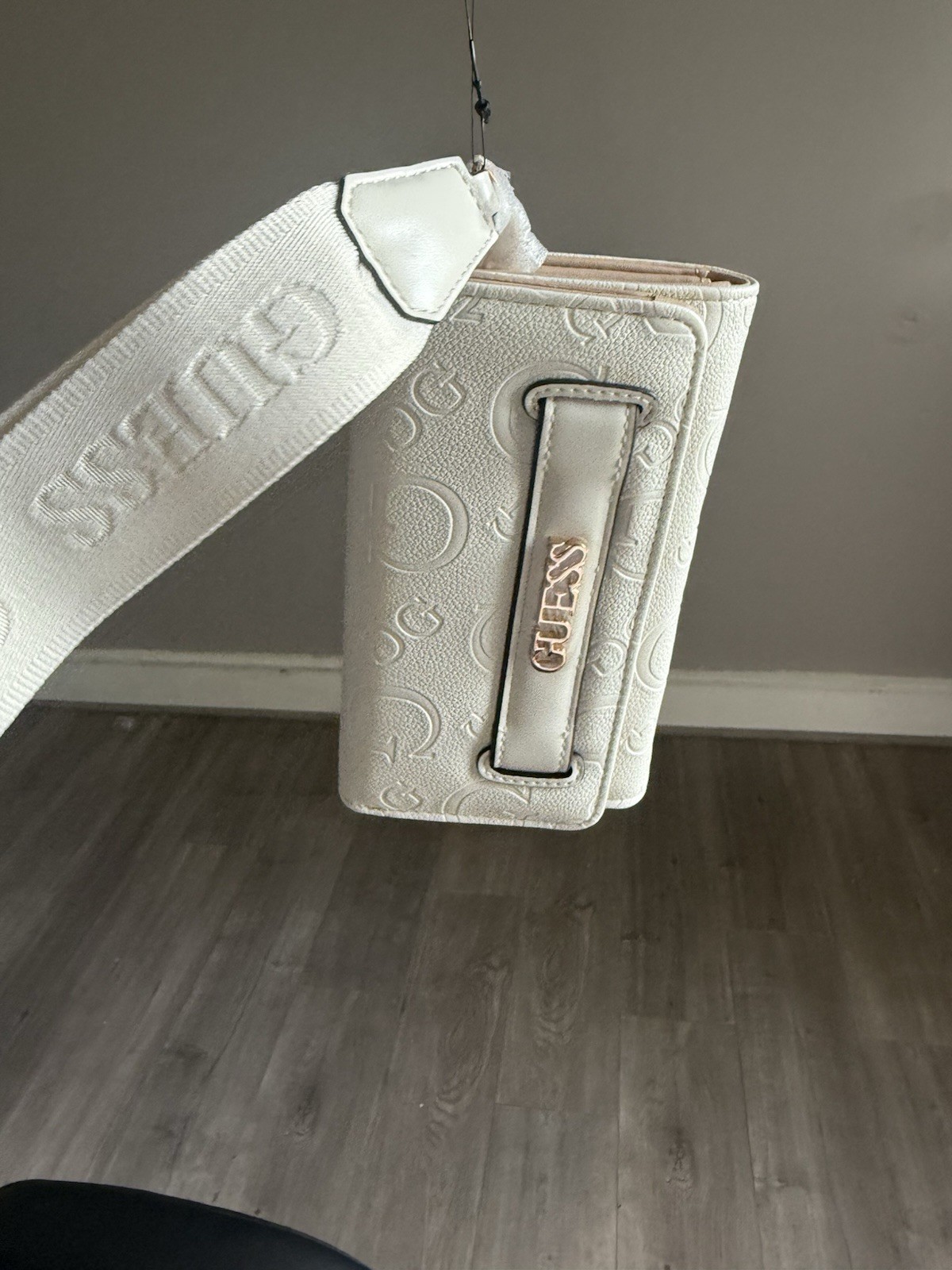 GUESS Women’s White Logo Embossed Folding Wristlet Clutch Wallet Strap