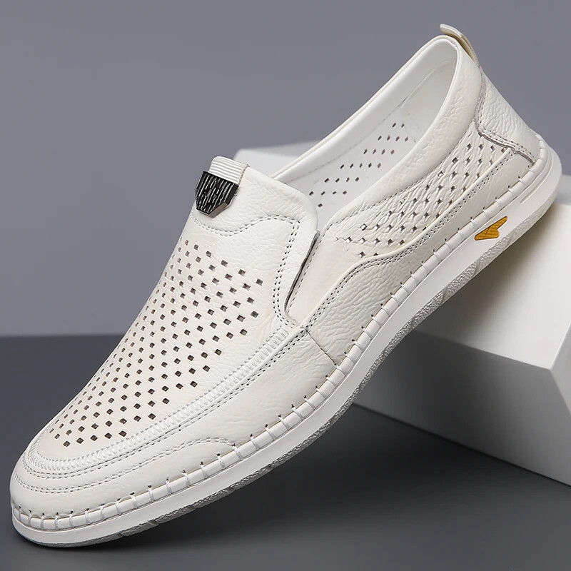 Men’s Casual Breathable Loafer Genuine Leather Moccasin Hollow Out Driving Shoes