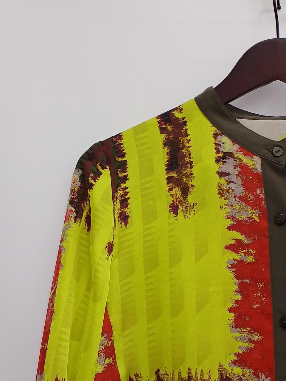Gradient Check Satin Long Shirt Yellow M 75cm Style Casual Office