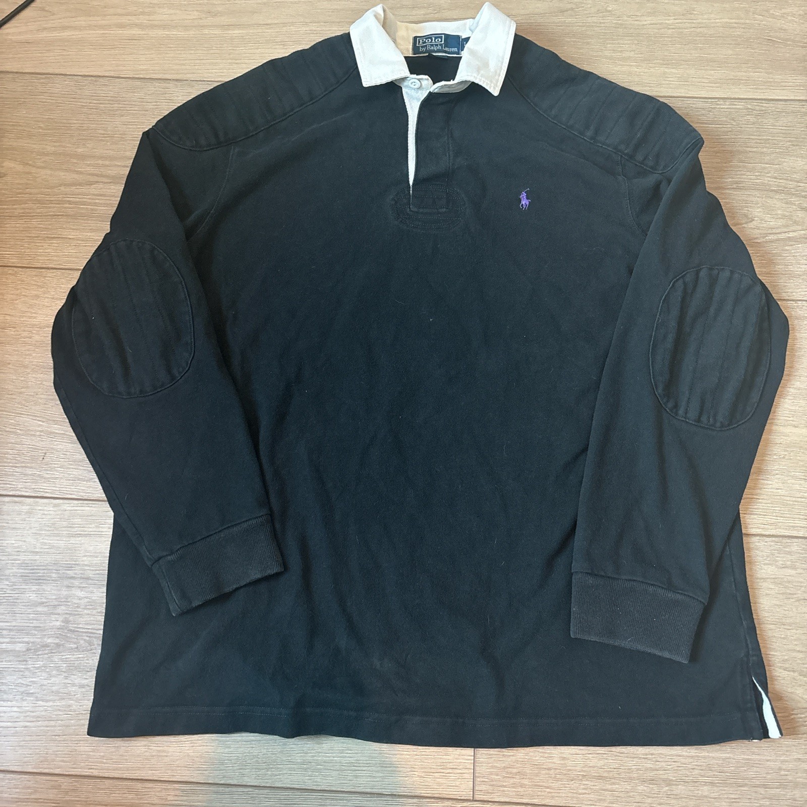 Vintage Polo Ralph Lauren Men L Rugby Shirt Black White Pony Heavy 100% Cotton
