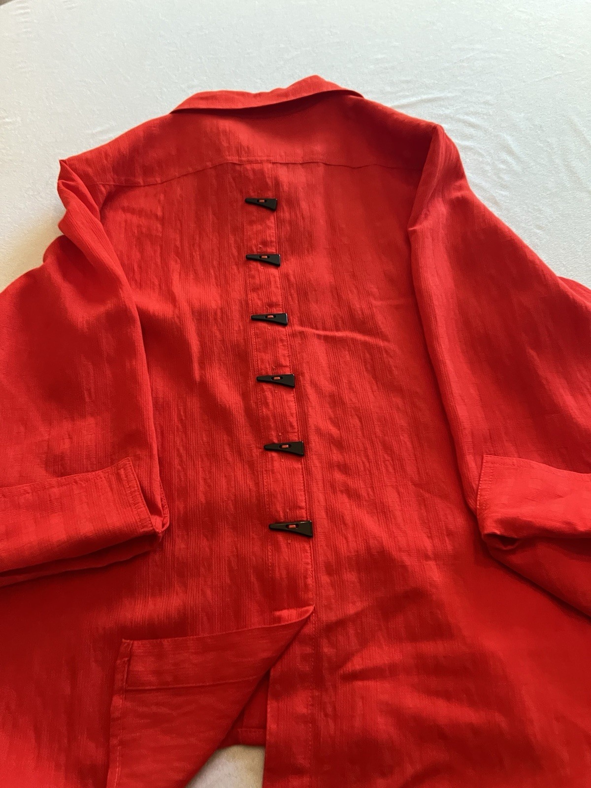 Multiples Red Woven Rayon Nylon Solid Collared Button Front 3/4 Blouse PL