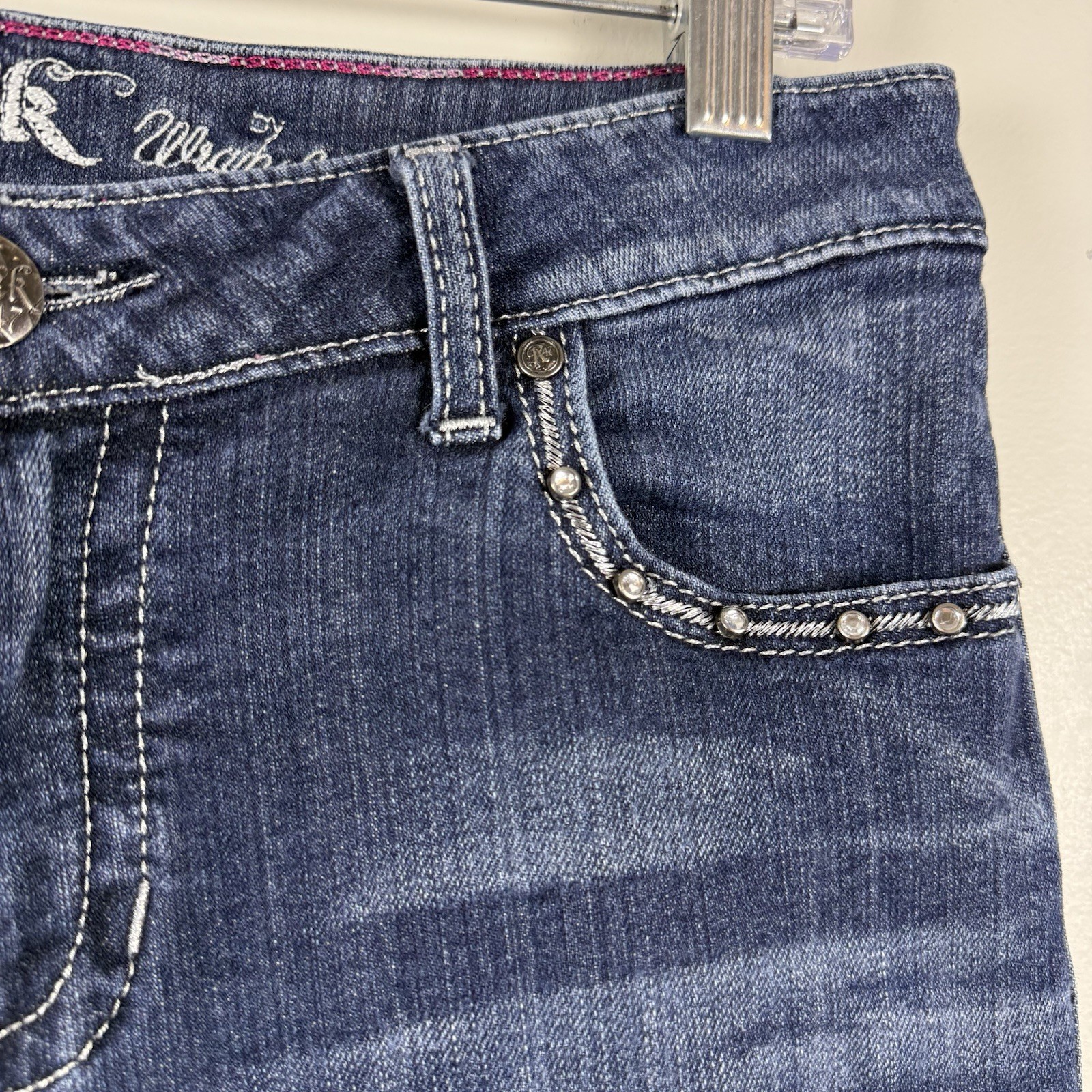 Wrangler Rock 47 Low Rise Bootcut Jeans SZ 7×34 Western Embellished Distressed