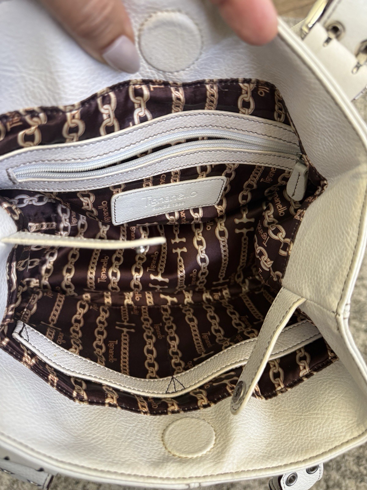 Tignanello White Pebbled Satchel Top Handle Double Handles Silver Hardware