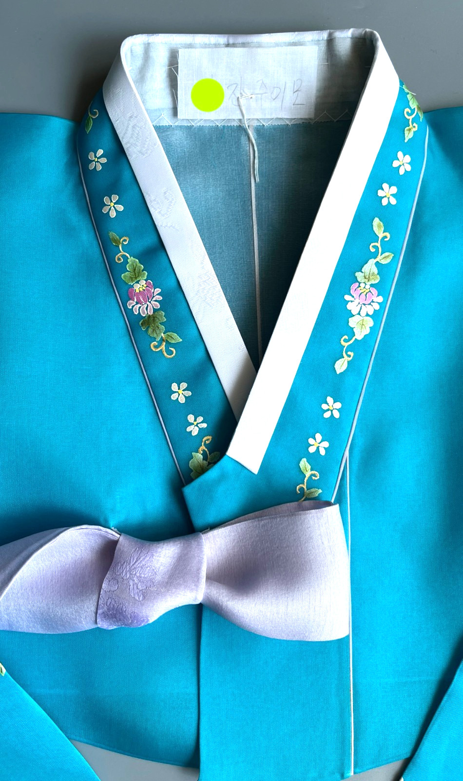 M Silk Traditional Korean Hanbok Set–Turquoise Blue Top/ Skirt with Floral Print