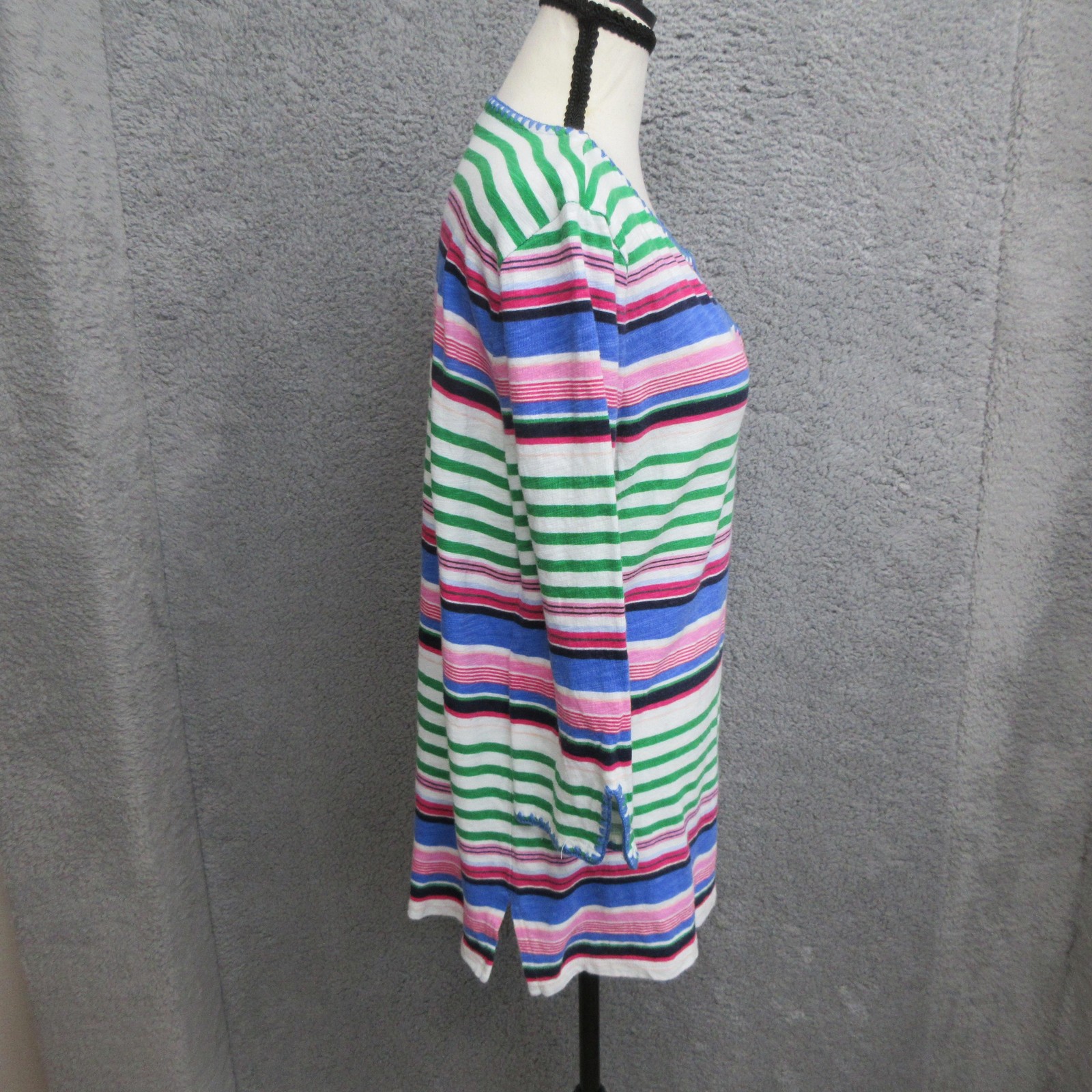 Talbots Linen Blend Tunic Top Women M Blue Green Striped Coastal Nautical Resort