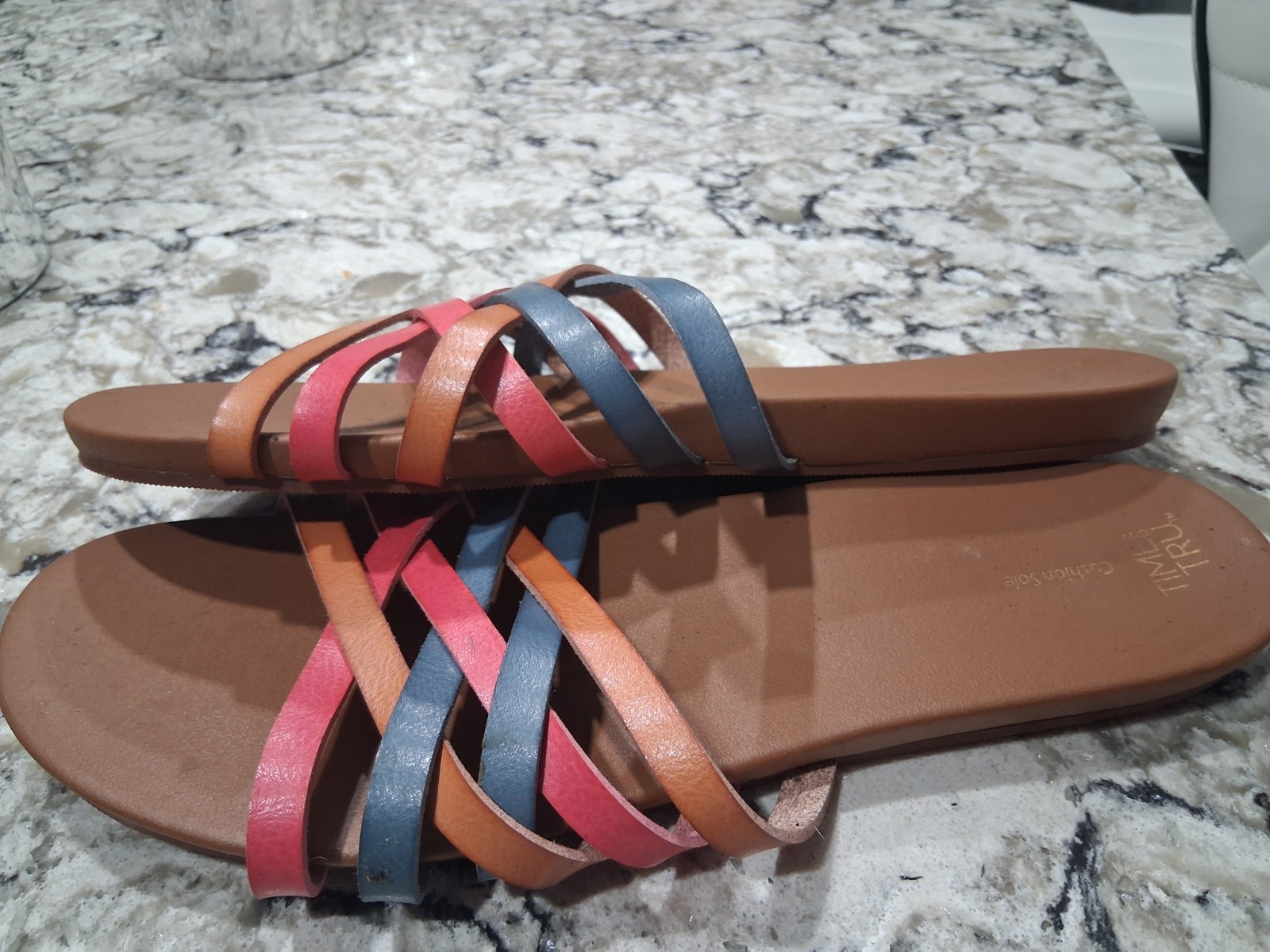 Time and Tru Comfort Cushion Sole Strappy Slip-On Flat Sandals Leather 12