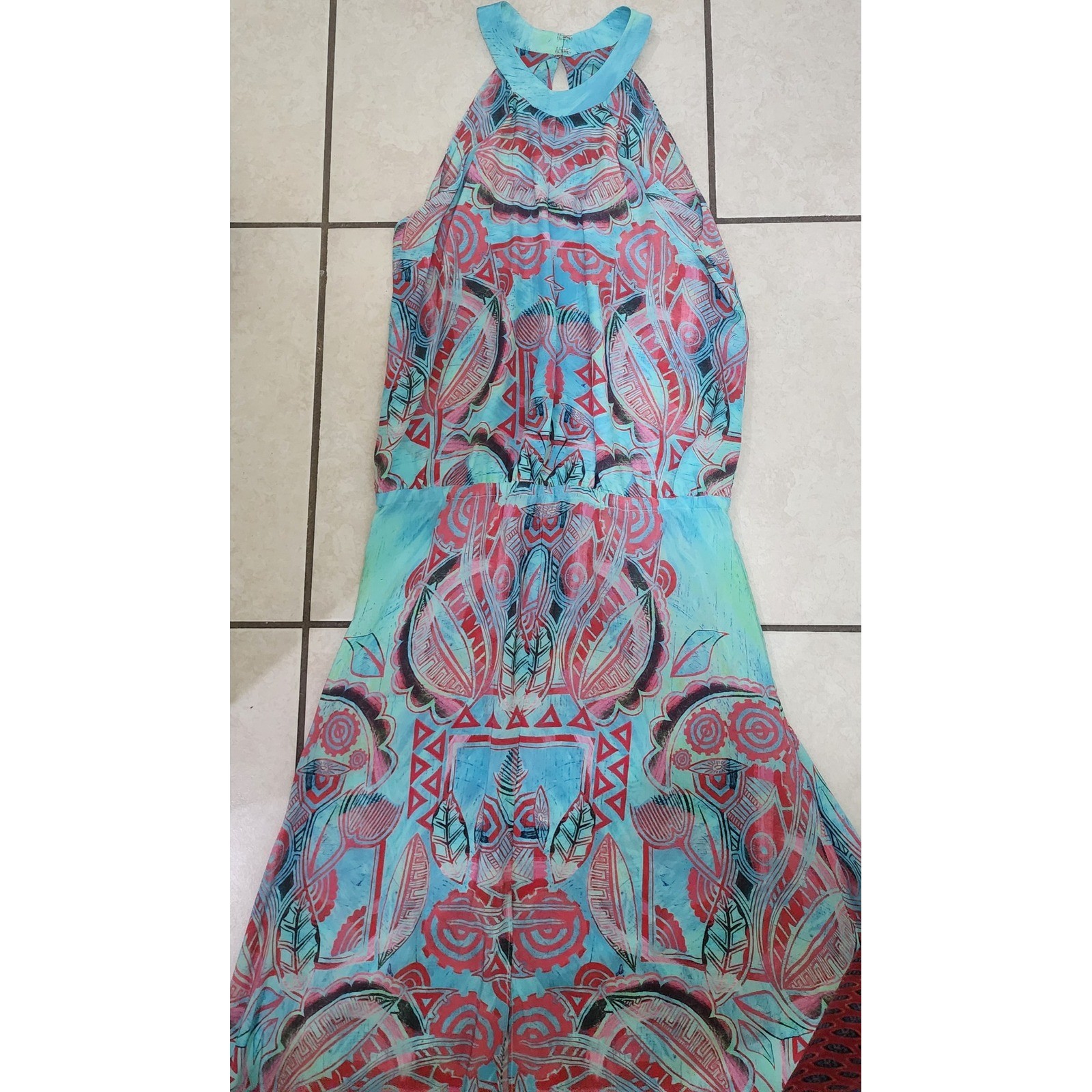 Tribal Print Halter Maxi Dress Turquoise Coral Geometric Keyhole Back Floor
