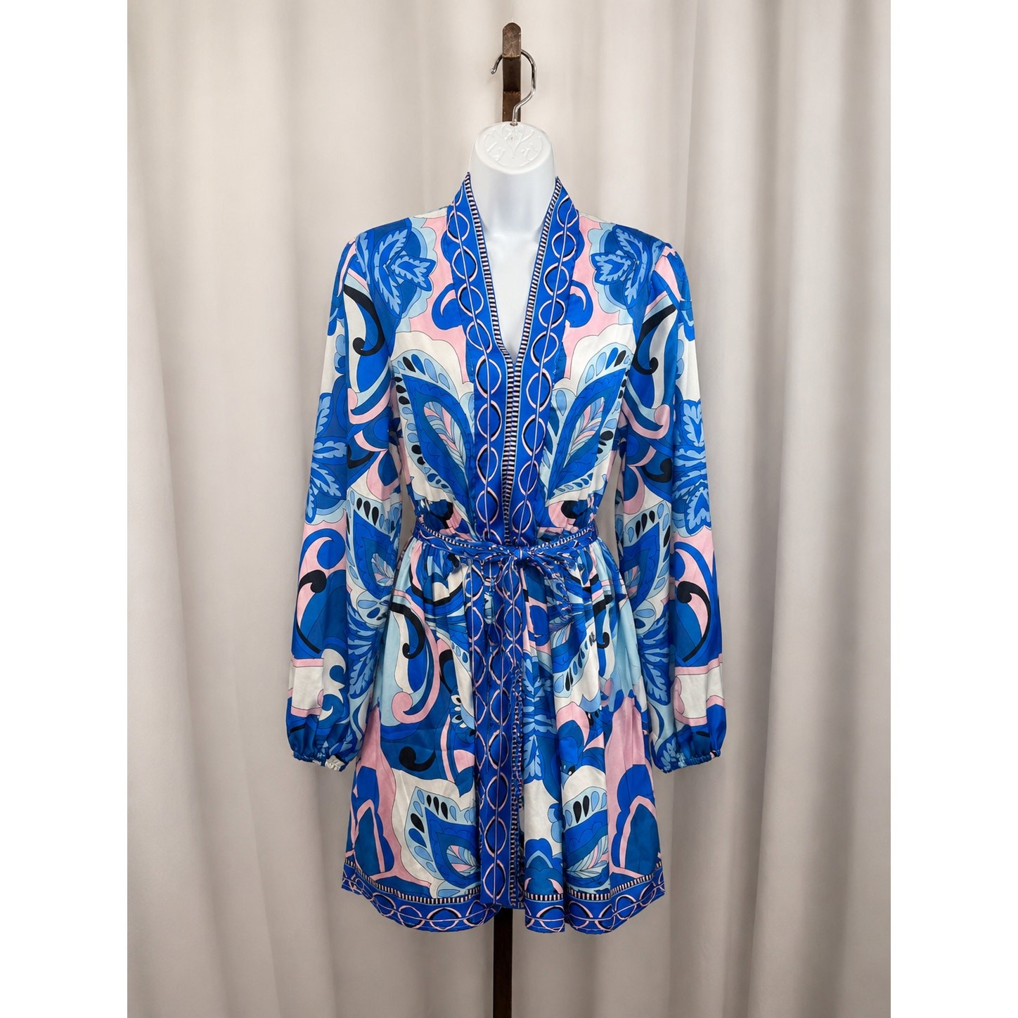 Blue & Pink Paisley Print Tie Waist Mini Dress | Medium