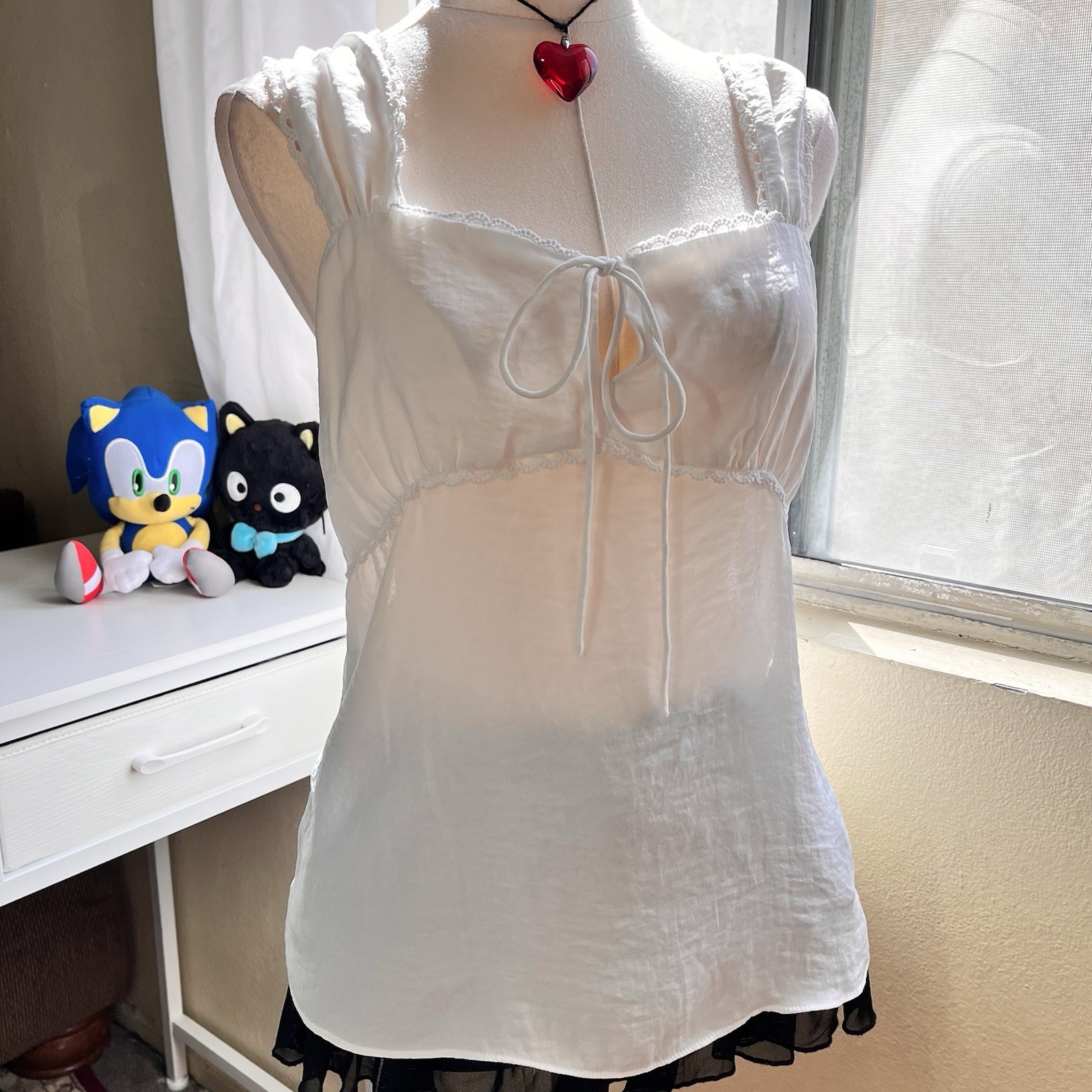 White milkmaid top coquette lace trim babydoll blouse keyhole tie cami⁠