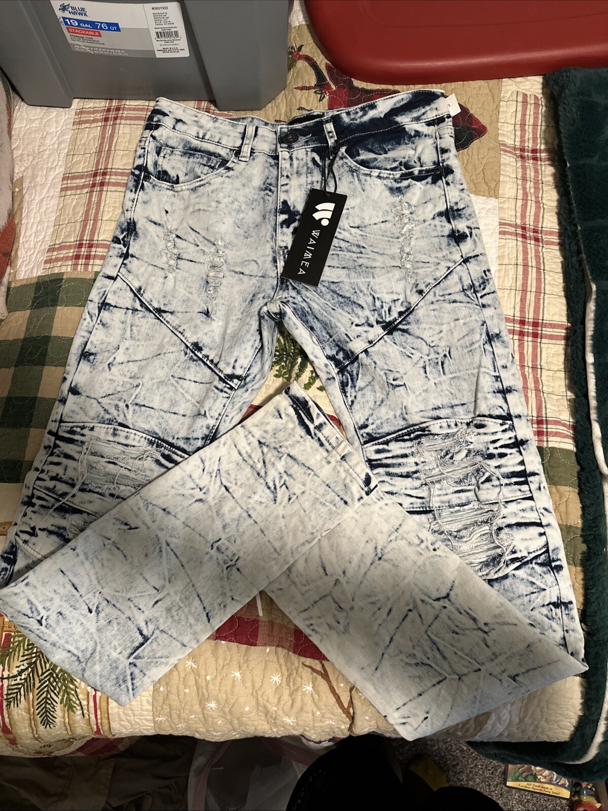 Waimea Mens Skinny Fit Jeans Distressed Marble Wash Denim 28×32