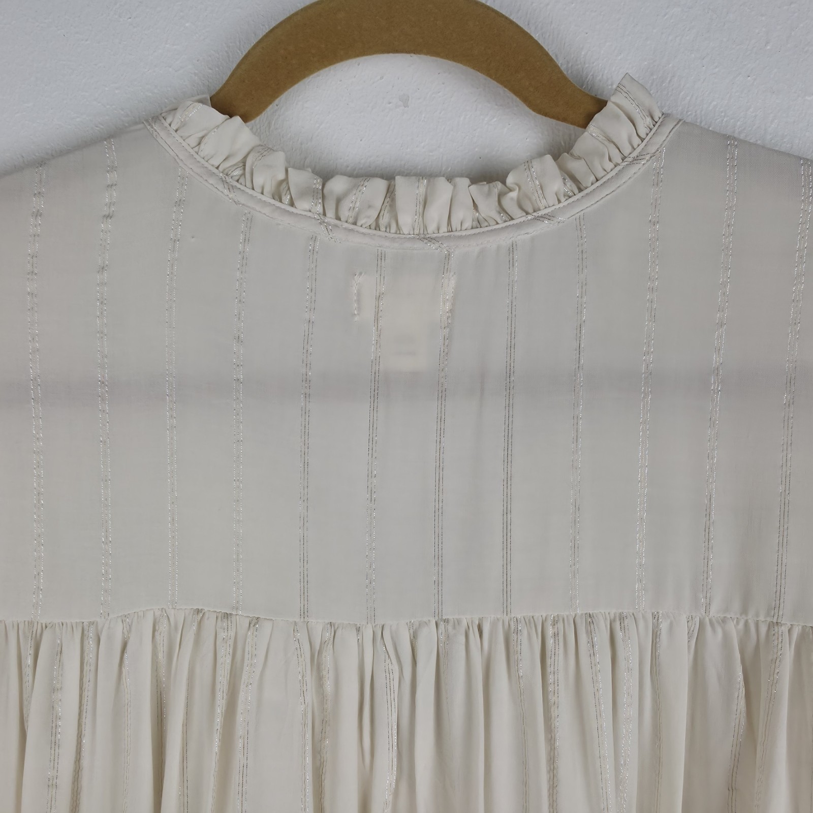 a.n.a 2X Boho Peasant Blouse Ivory Metallic Stripe Smocked Ruffle Cottagecore