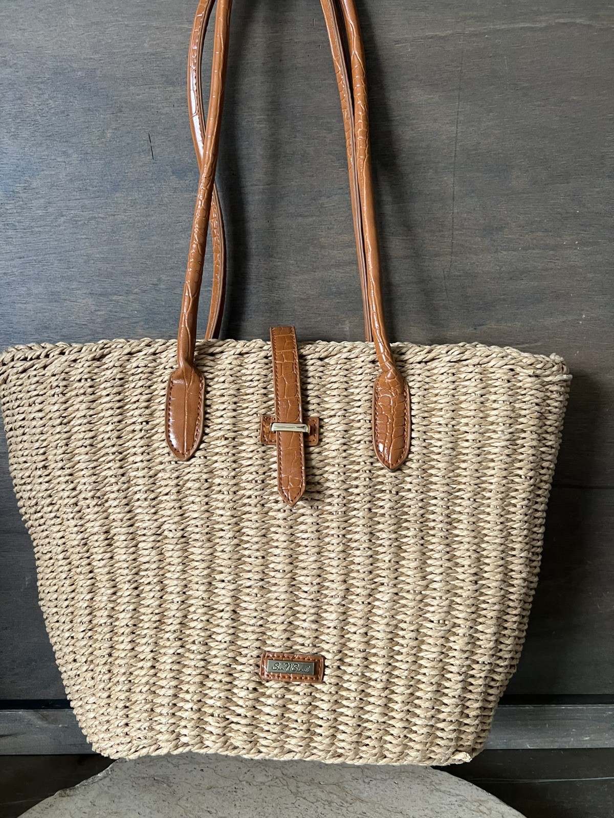 VTG Sun N Sand Woven Straw DOUBLE Handle Tote Beach Bag Boho 16 X 12 X 6 INCHES