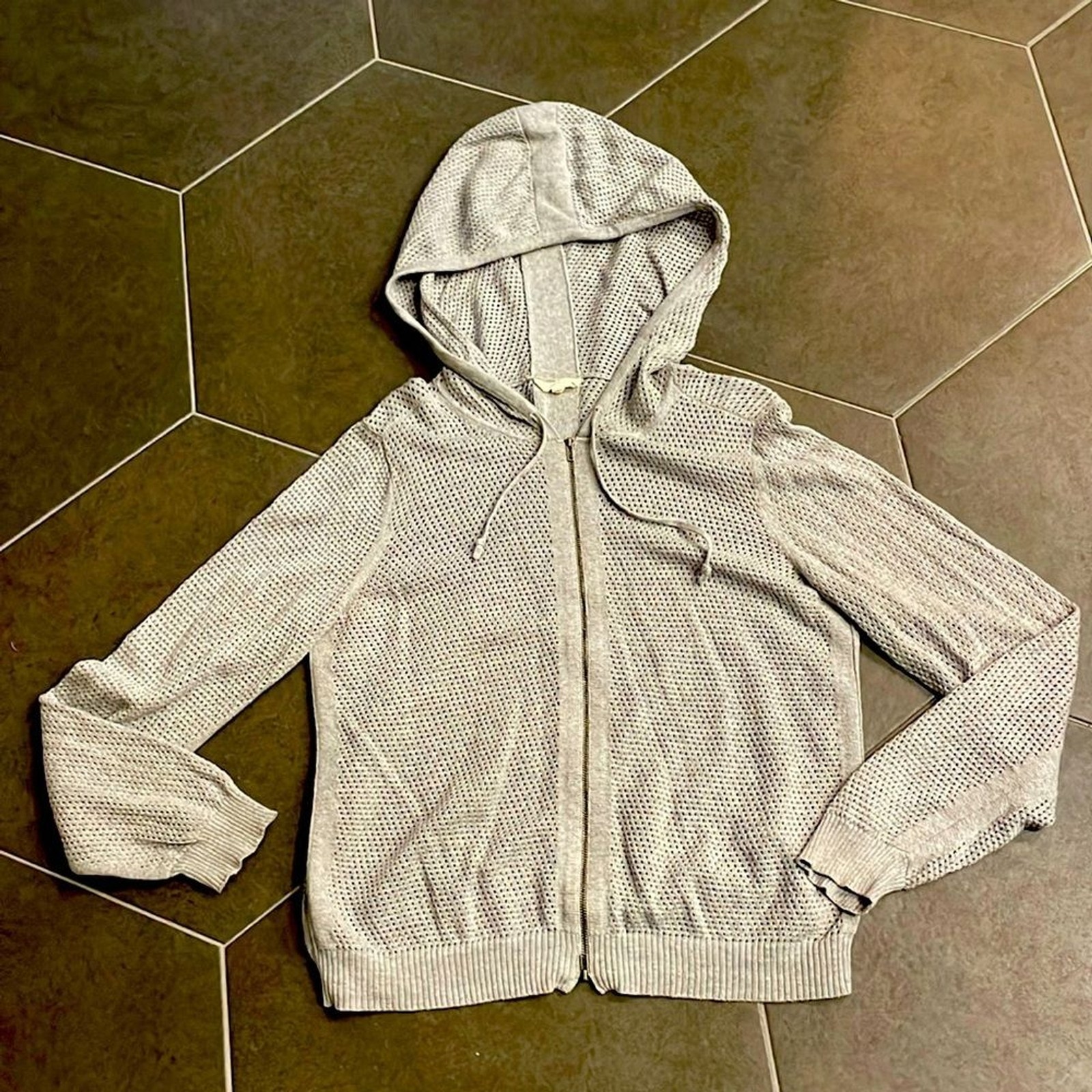 Eileen Fisher Gray Open Weave Hoodie Zip Front Sweater M