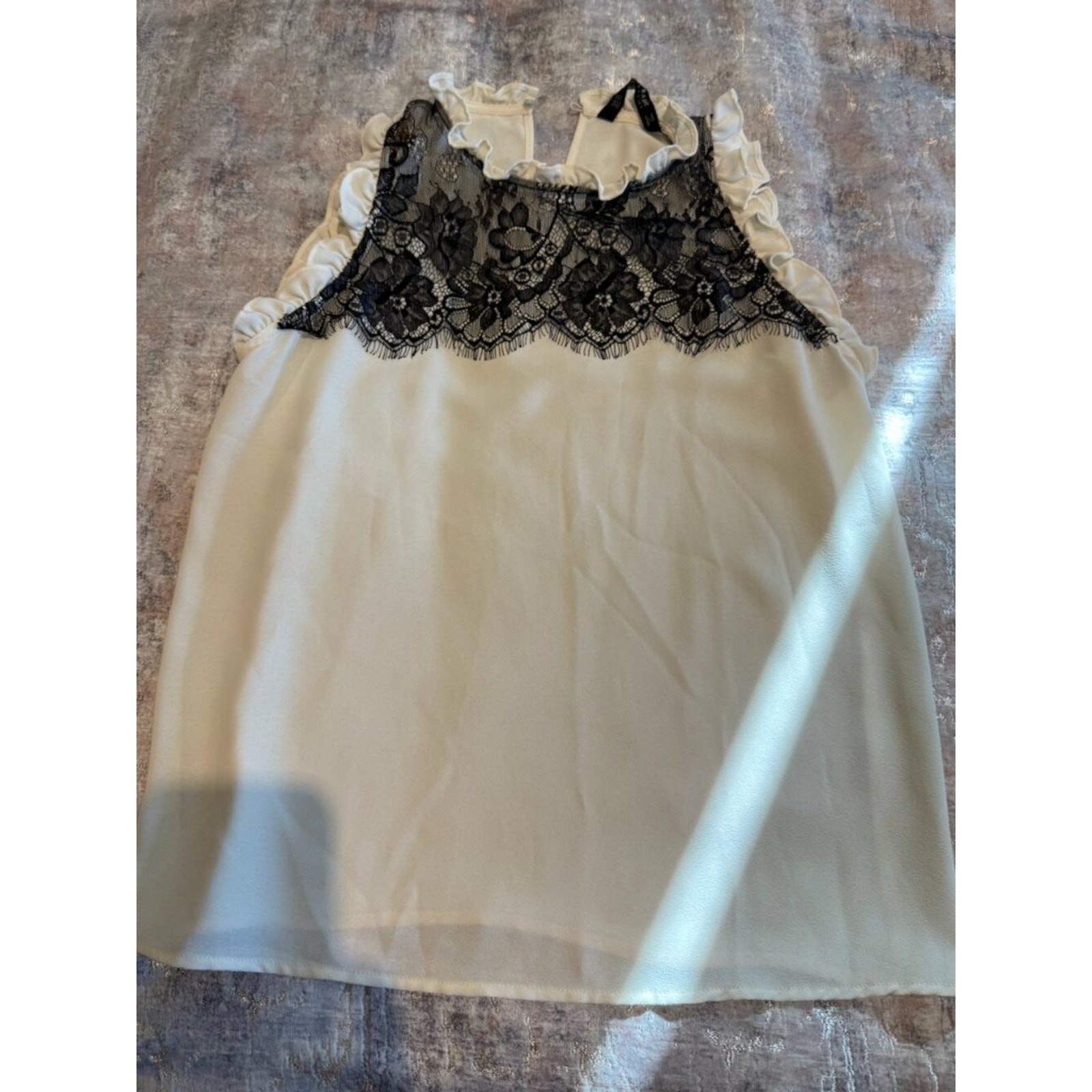 Zara Cream Lace Panel Ruffle Trim Cami Top | Black Lace Detail | Coquette | XS