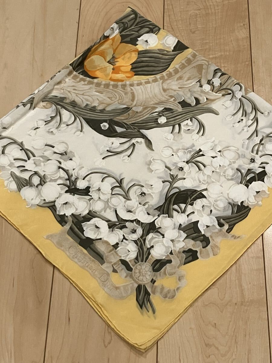 Christian Dior Vintage Lily of the Valley Silk Scarf Yellow 82cm Authentic