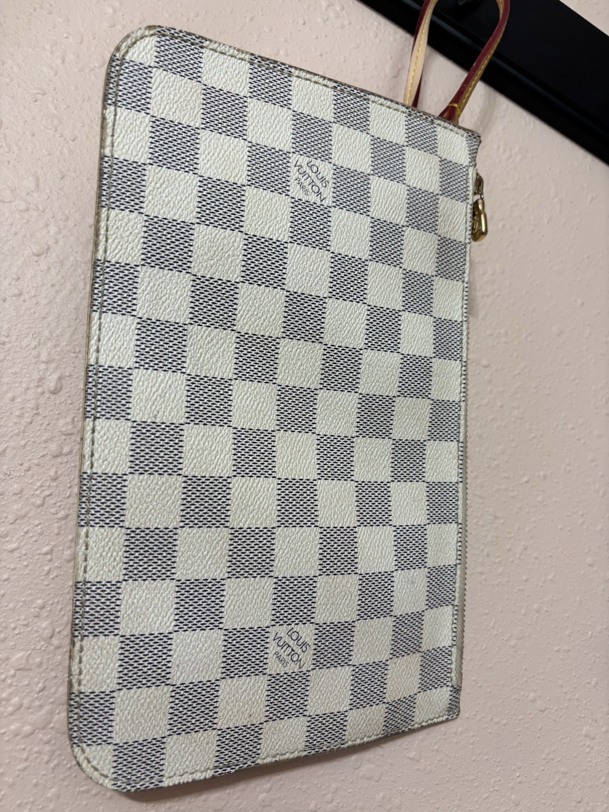 Louis Vuitton Damier Azur Zip Wristlet Pouch White/Blue Brown Strap Gold