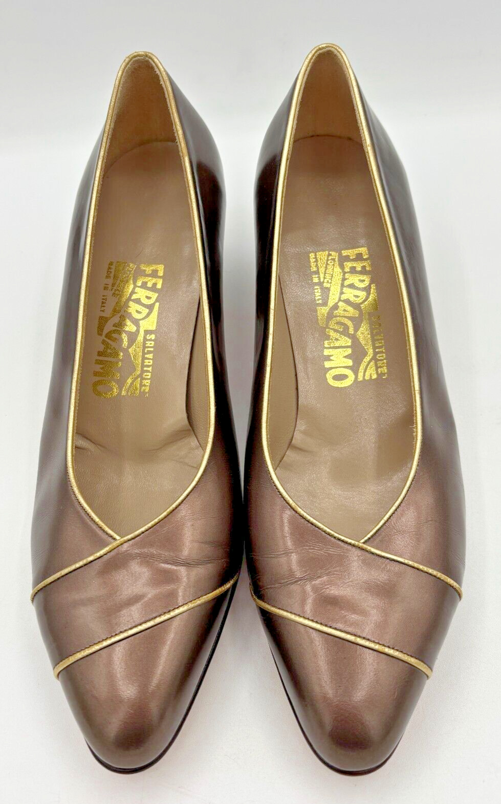 Salvatore Ferragamo Women’s Leather Pumps Sz 8B Bronze w Gold Trim DD10681 EUC