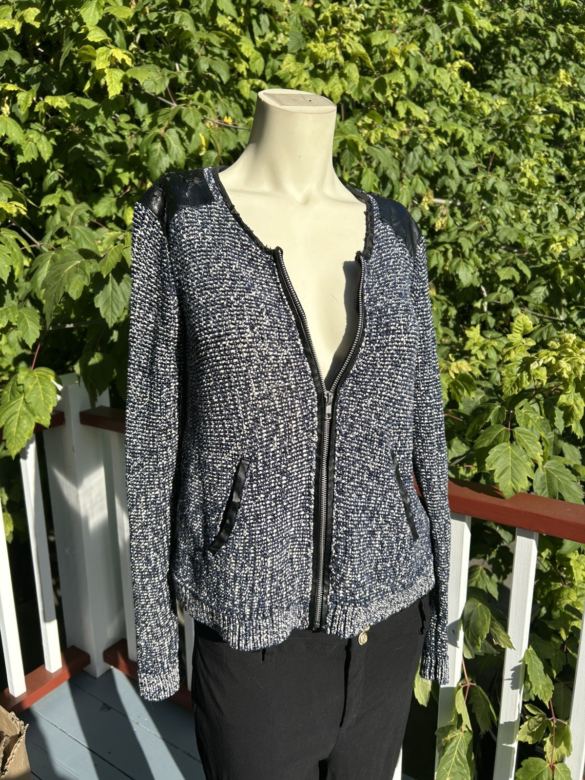 Tweed Knit Long Sleeve w/ Faux Leather Trim Zip Jacket Sweater Sz Small
