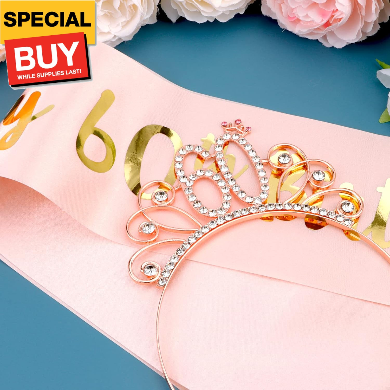 60th Birthday Sash and Tiara for Women, Rose Gold Birthday Sash and Crown Set, 6