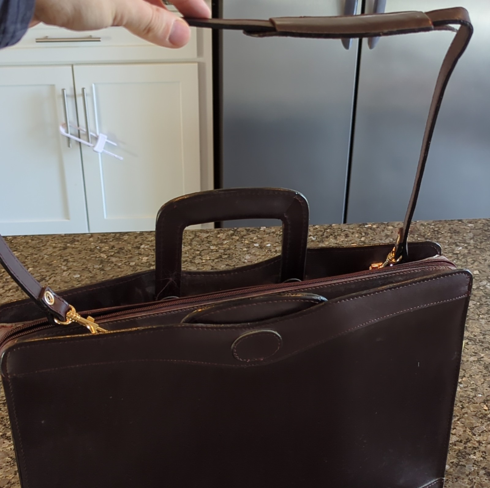 Brown Men’s Briefcase Zip Push Lock Top Handle Detachable Strap