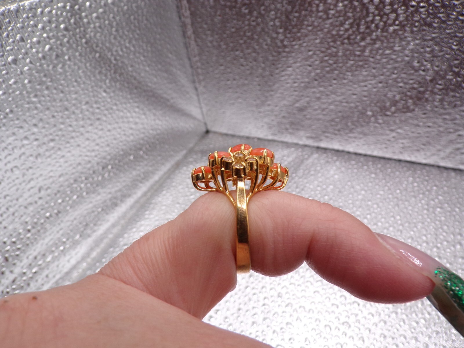 Costume Real Coral & Clear Rhinestone Ring Size 4 3/4