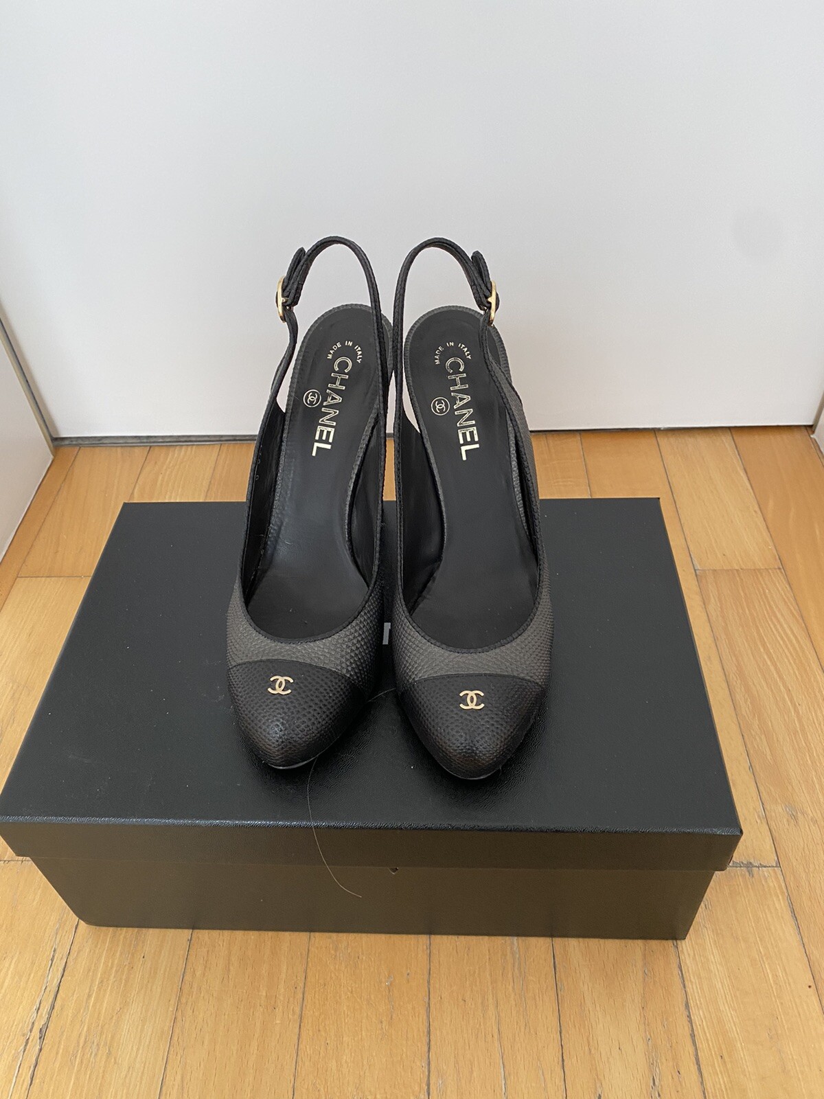 Chanel slingbacks 39.5. Black and Grey, Platform, Heel 12cm