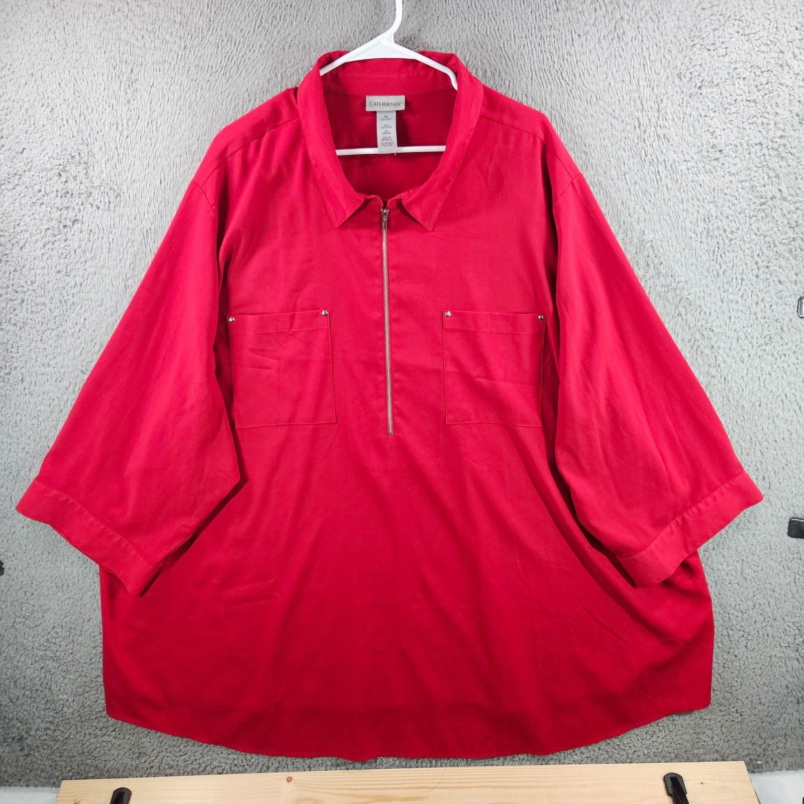Catherines Red Quarter Zip Tunic Top Womens 5X 34/36W 3/4 Sleeve Studded Pockets